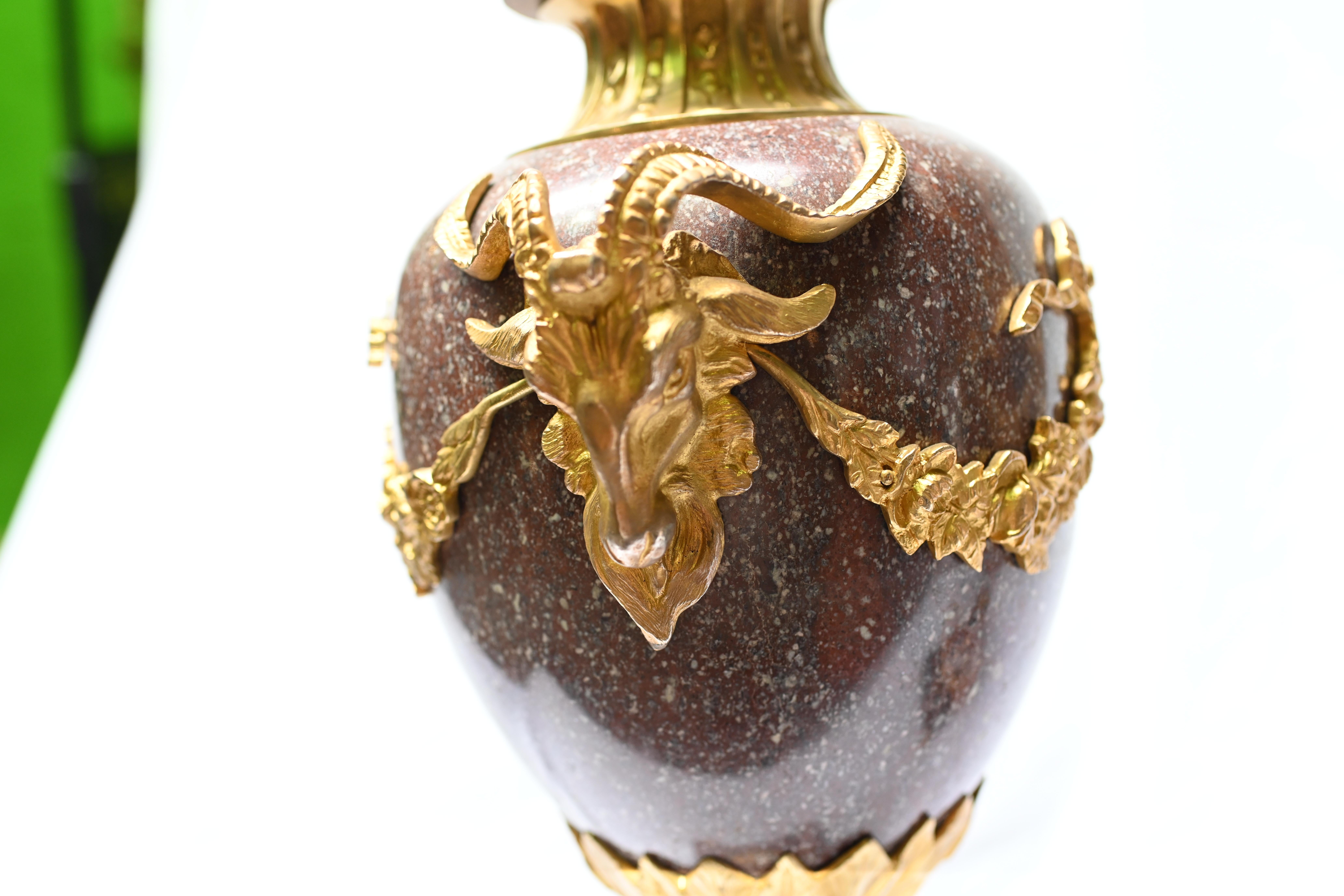 Pair Porphyry Cassolettes French Empire Marble Urns Rams Heads 1880 5