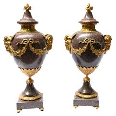 Pair Porphyry Cassolettes French Empire Marble Urns Rams Heads 1880