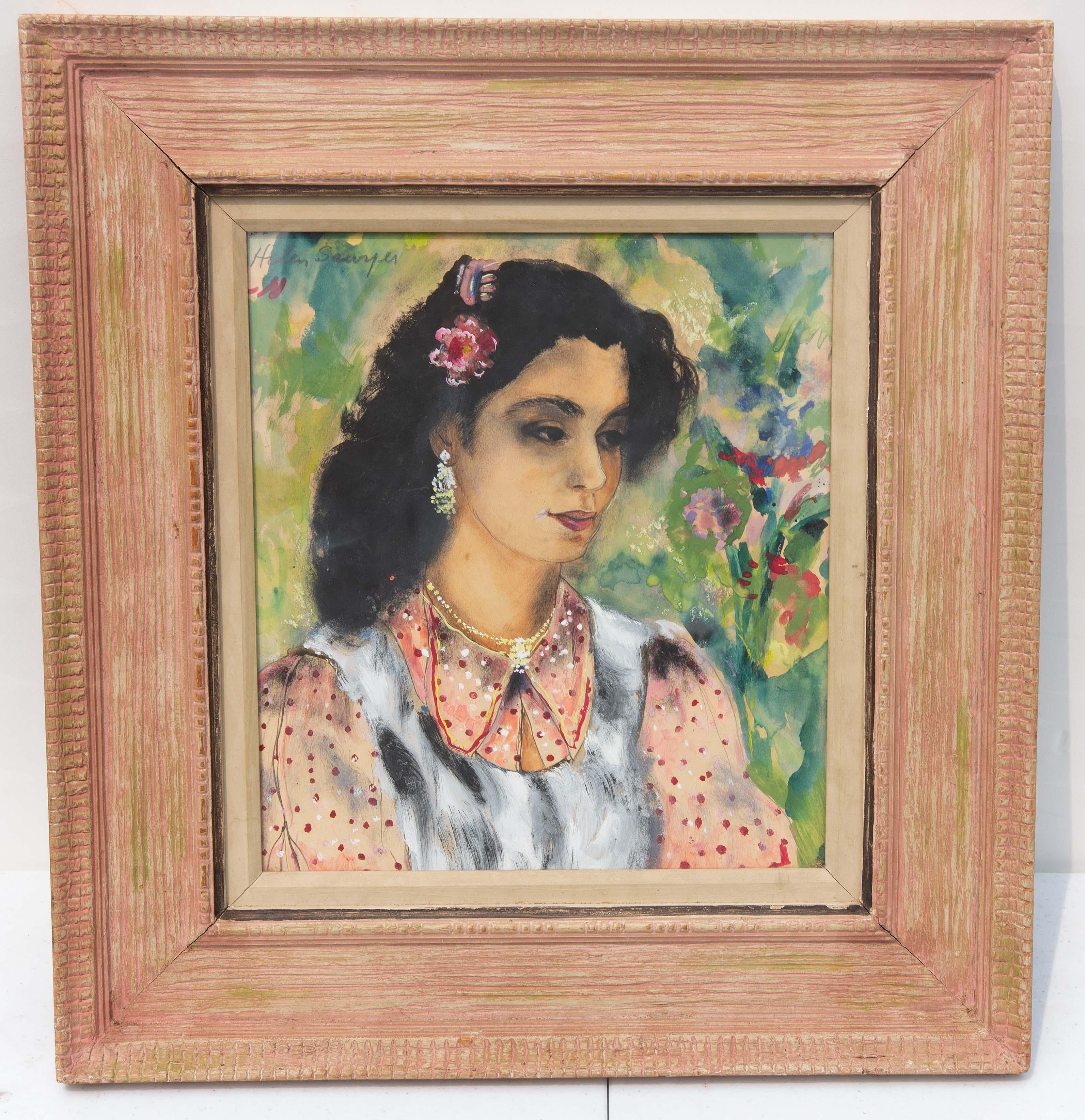 Pair of midcentury portrait paintings by Helen Sawyer (1900-1999). Both are signed, circa 1940. In excellent quality Mid-Century Modern style frames. 

Landscape and still-life painter Helen Alton Sawyer was the daughter of a prominent Washington,