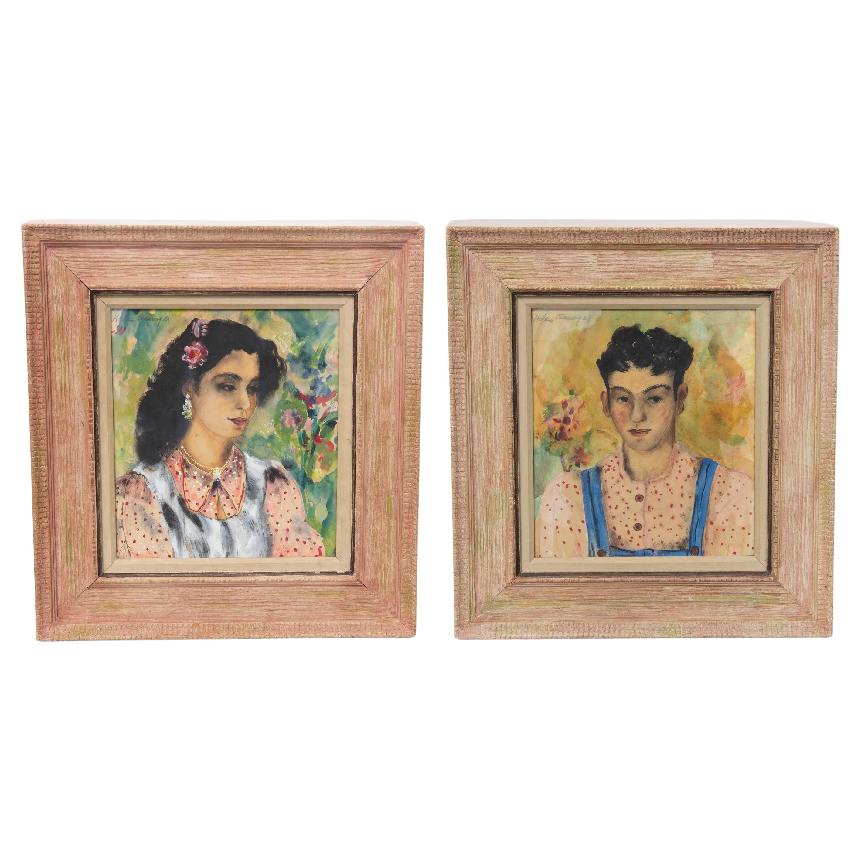 Pair Portraits Paintings of Women "Sisters" circa 1940 by Helen Sawyer American