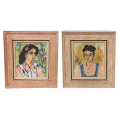 Pair Portraits Paintings of Women "Sisters" circa 1940 by Helen Sawyer American