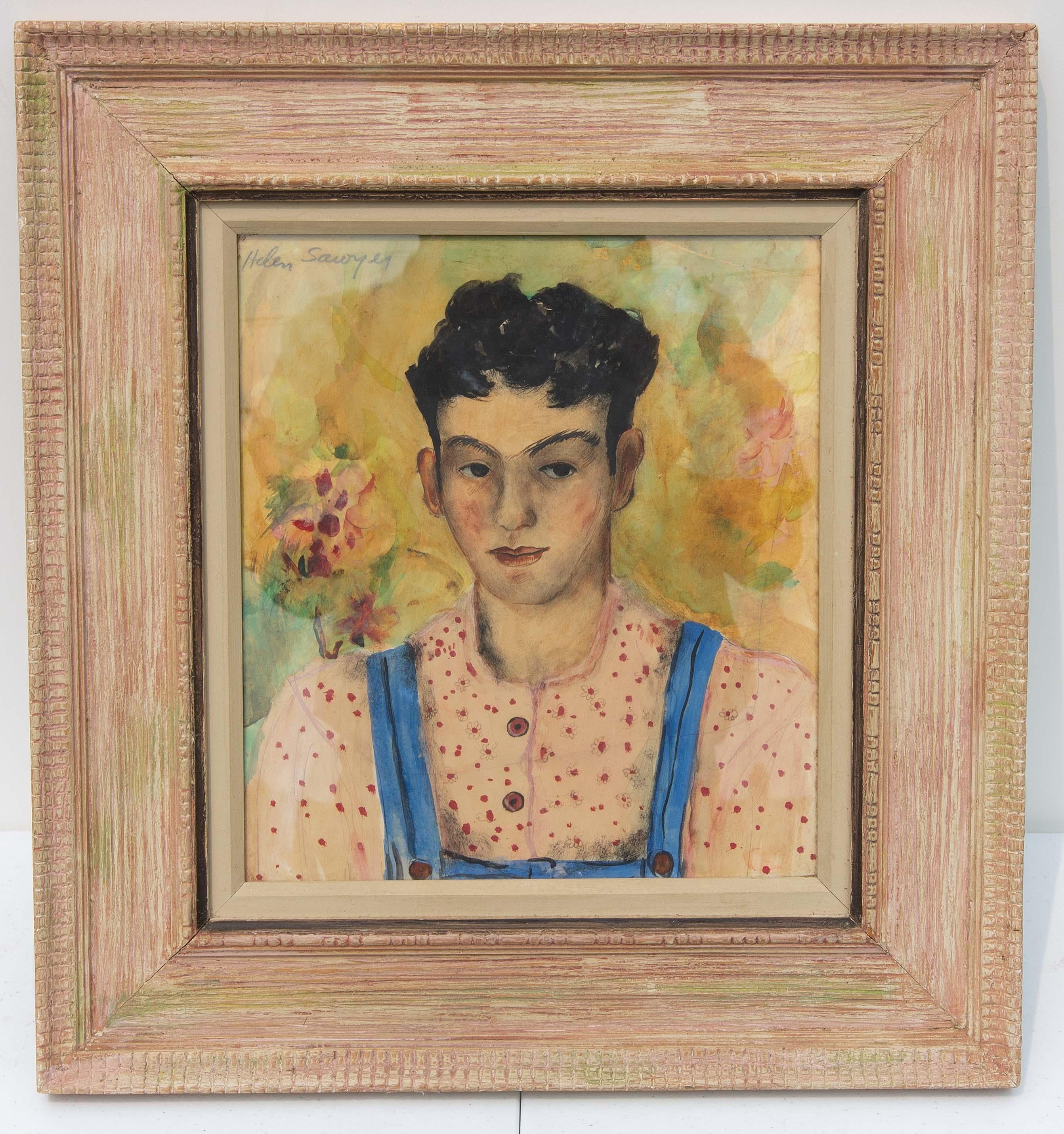 Pair of midcentury portrait paintings by Helen Sawyer (1900-1999). Both are signed, circa 1940. In excellent quality Mid-Century Modern style frames. 

Landscape and still-life painter Helen Alton Sawyer was the daughter of a prominent Washington,