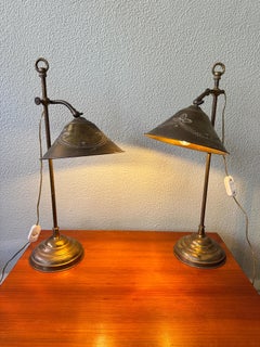 Pair Portuguese Art Nouveau Brass Table Lamps Etched Shades Floral Motifs c1900