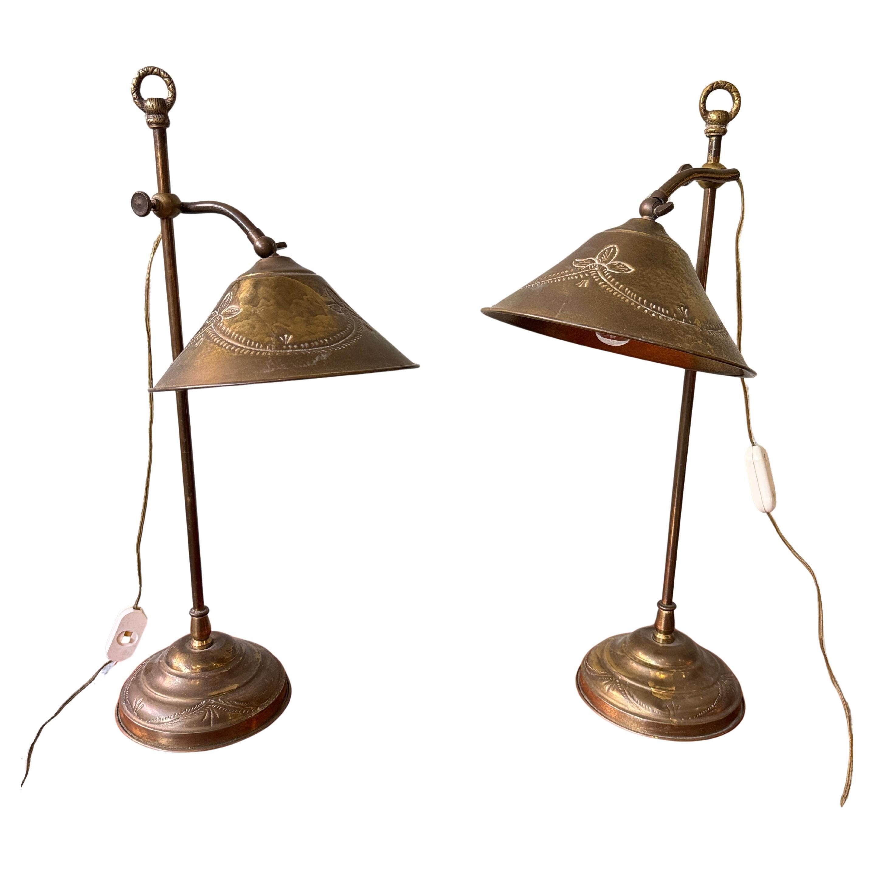 Pair Portuguese Art Nouveau Brass Table Lamps Etched Shades Floral Motifs c1900