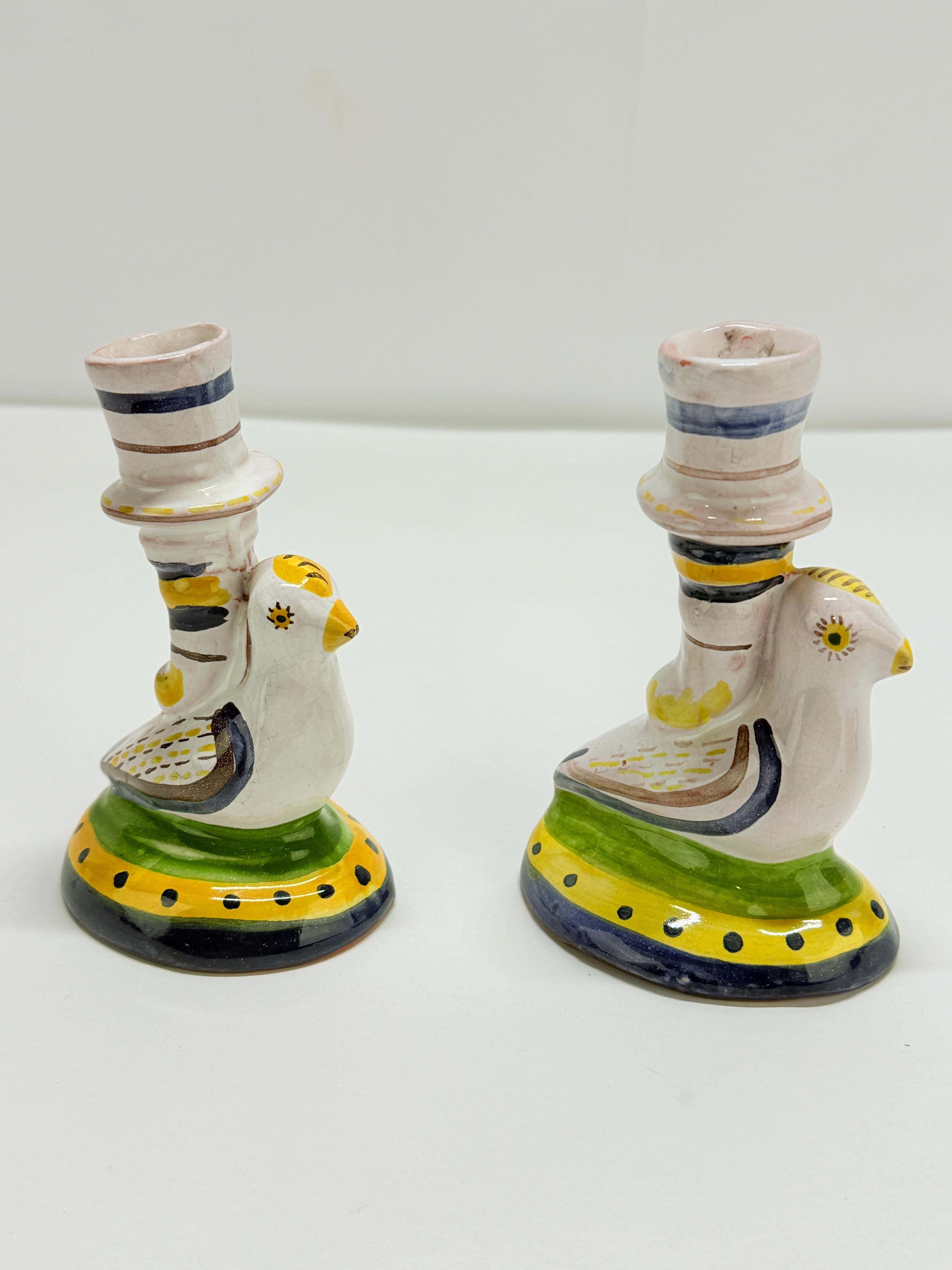 Spanish Colonial Pair, Portuguese Faience Bird-Form Candlesticks, After the Museum Antiquity For Sale