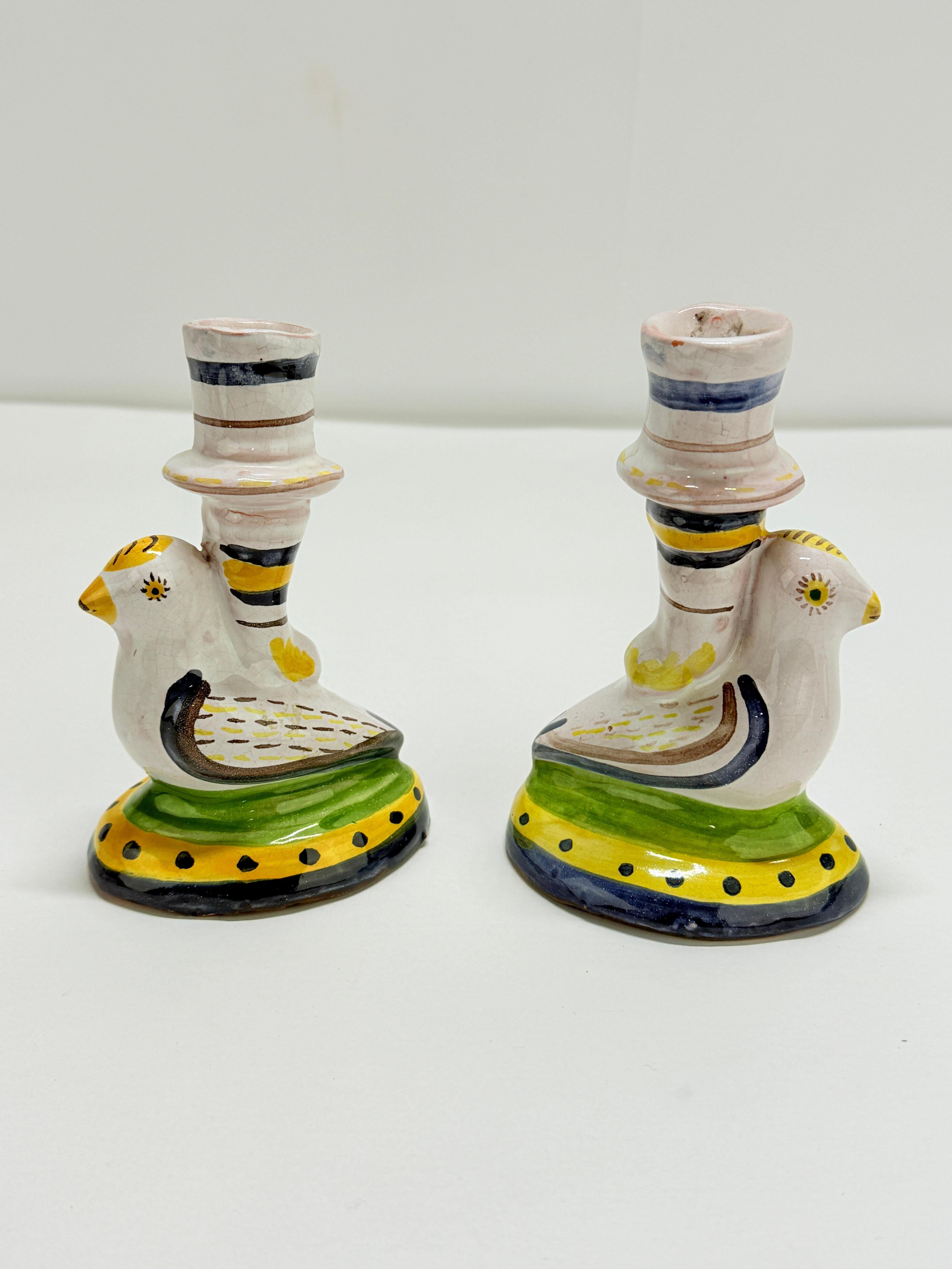 Pair, Portuguese Faience Bird-Form Candlesticks, After the Museum Antiquity In Good Condition For Sale In Atlanta, GA