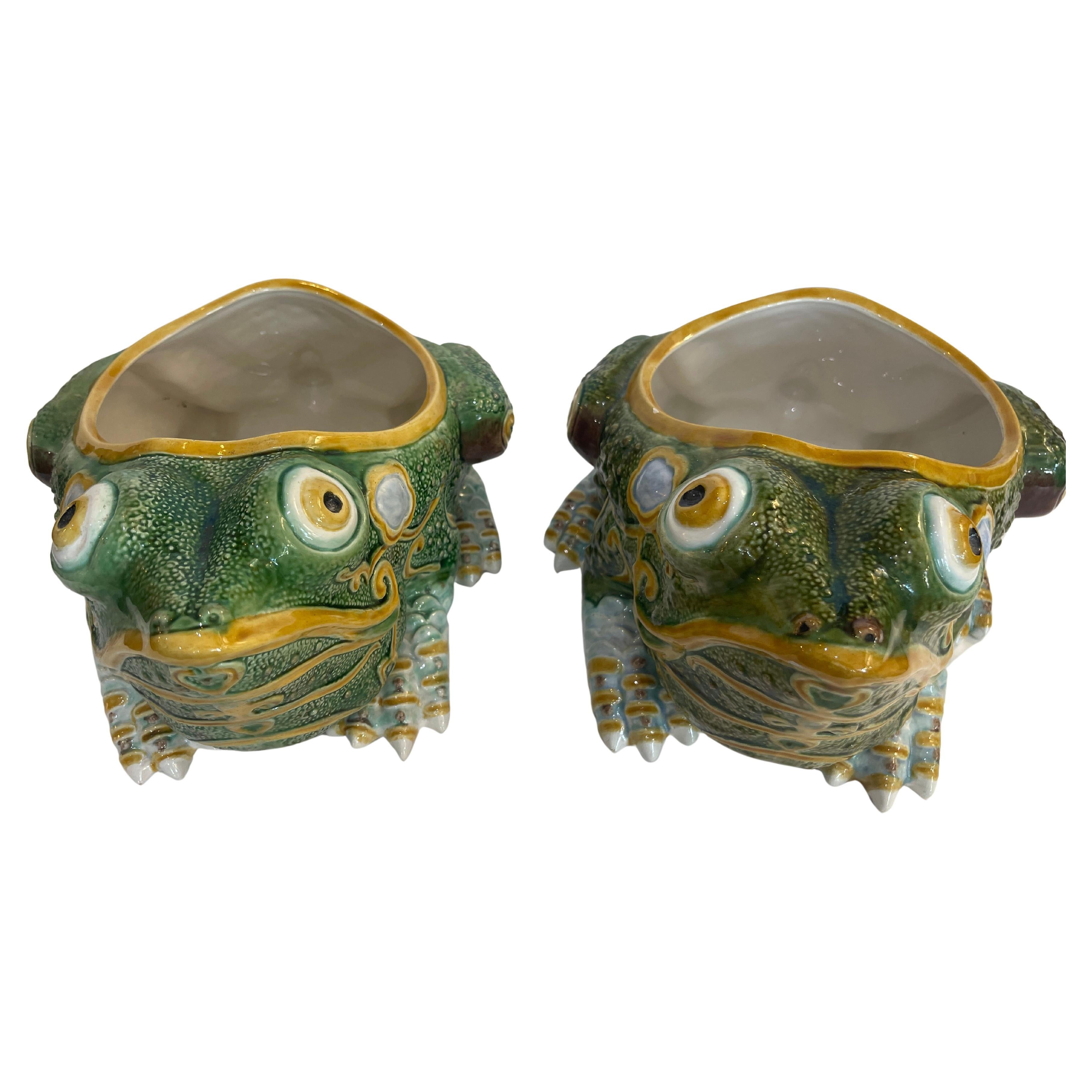 Pair Portuguese Majolica Byzantine Frog, Raphael Bordallo Pinheiro, 1846-1905