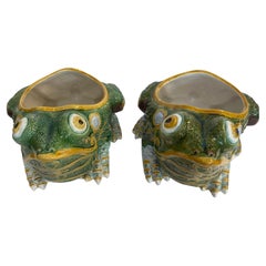 Pair Portuguese Majolica Byzantine Frog, Raphael Bordallo Pinheiro, 1846-1905