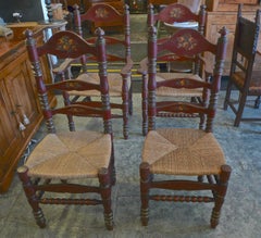 Pair Portuguese Painted Ladder Back Side Chairs with Rush Seat and Flower Motif