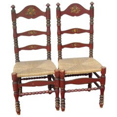 Pair Portuguese Painted Ladder Back Side Chairs with Rush Seat and Flower Motif