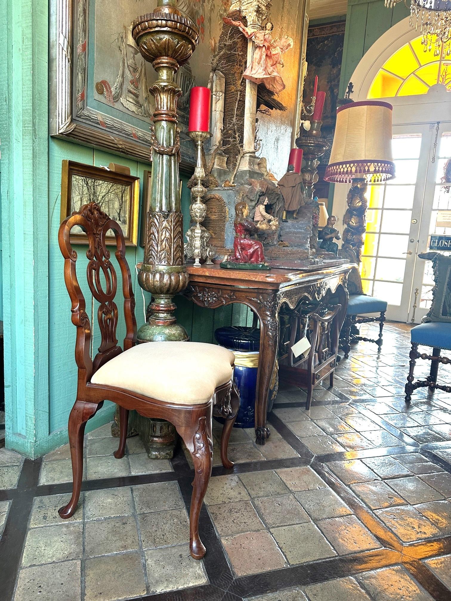 Carved Pair Portuguese Rococo Jacaranda Hand carved Wood Dining Side Chairs Antique LA For Sale