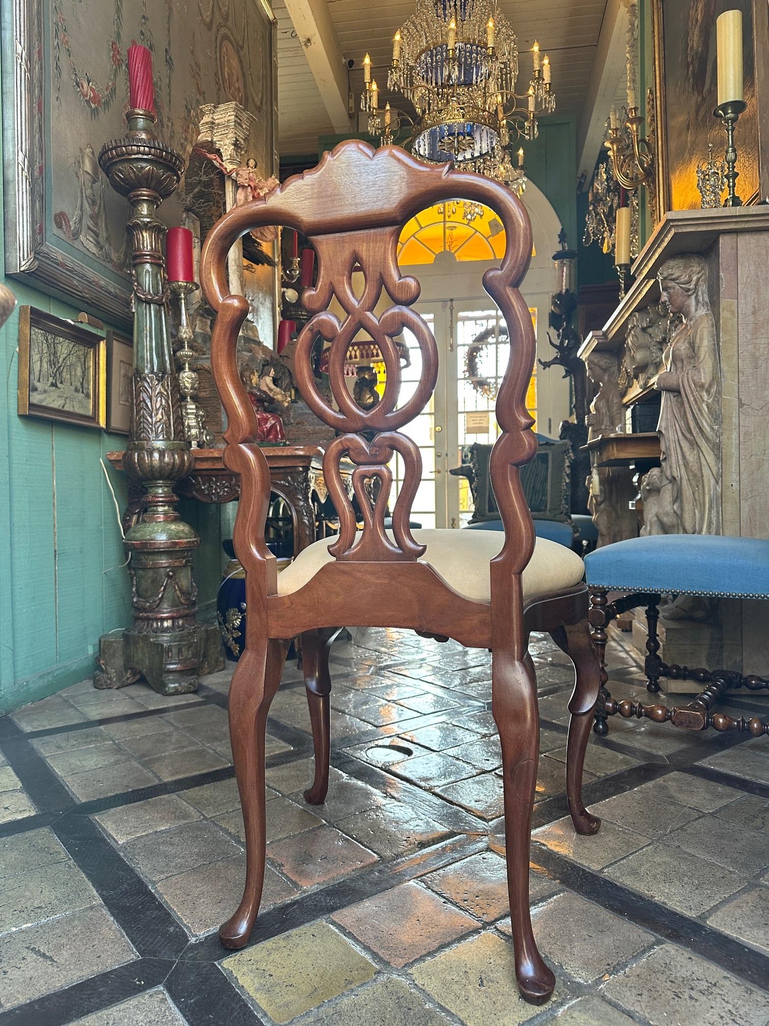 Fabric Pair Portuguese Rococo Jacaranda Hand carved Wood Dining Side Chairs Antique LA For Sale