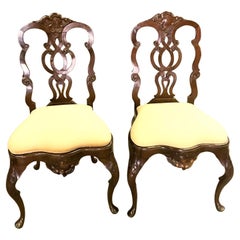 Pair Portuguese Rococo Jacaranda Hand carved Wood Dining Side Chairs Antique LA