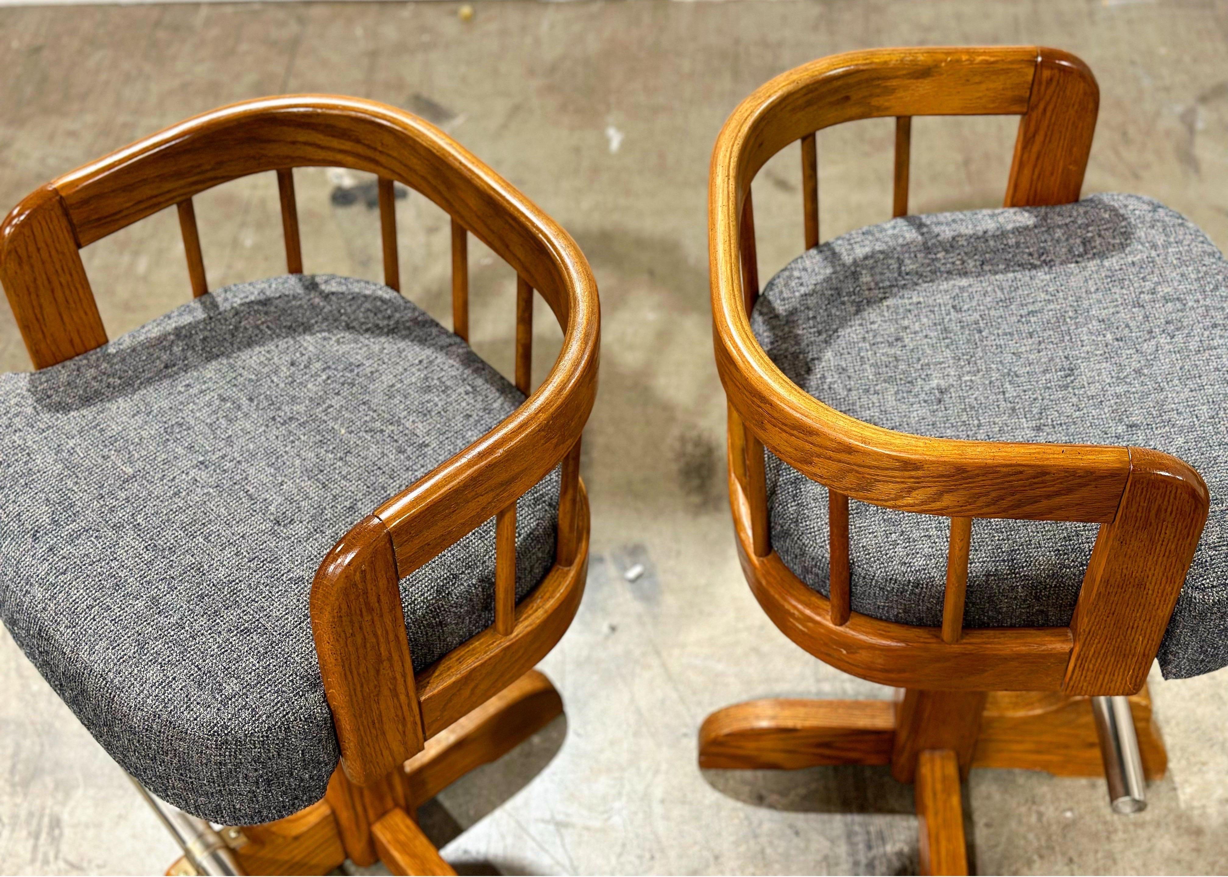 Post-Modern Pair Post Modern Bar Stools, Counter Height Swivel, Solid Oak After Lou Hodges