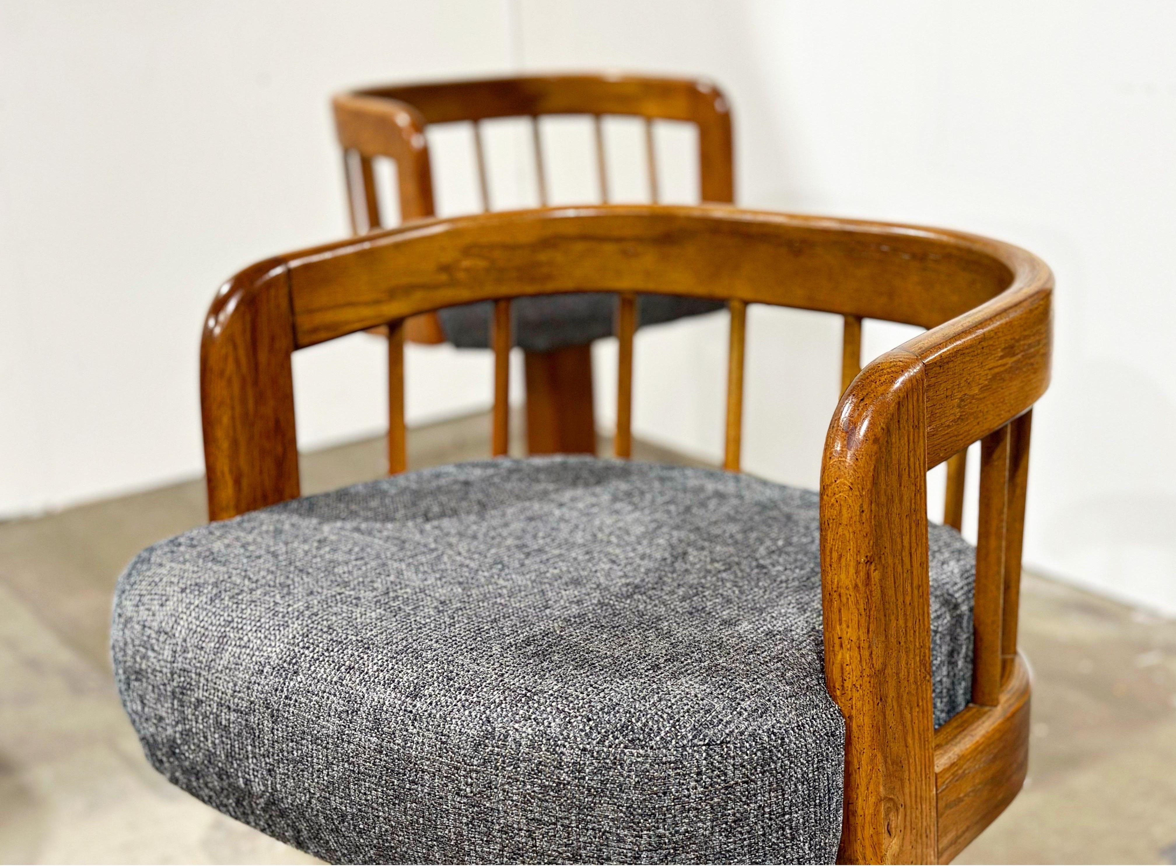 Late 20th Century Pair Post Modern Bar Stools, Counter Height Swivel, Solid Oak After Lou Hodges