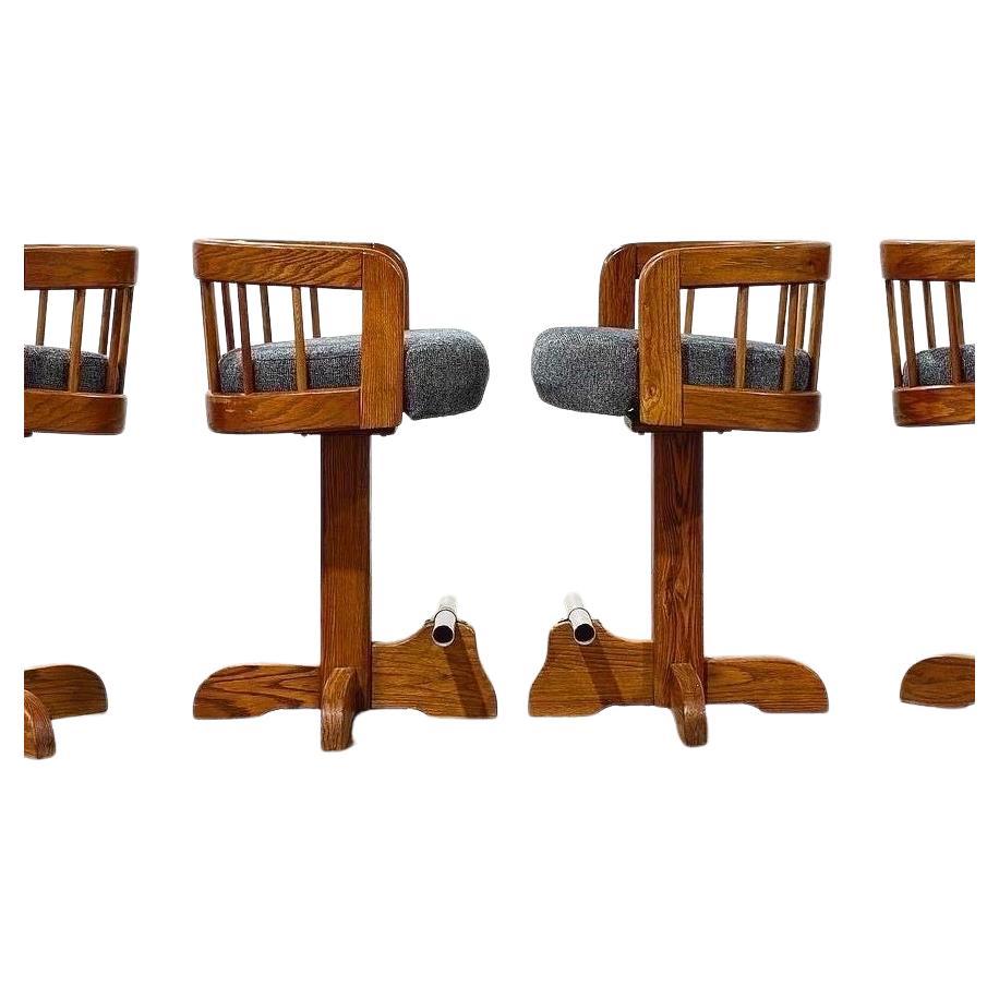 Pair Post Modern Bar Stools, Counter Height Swivel, Solid Oak After Lou Hodges