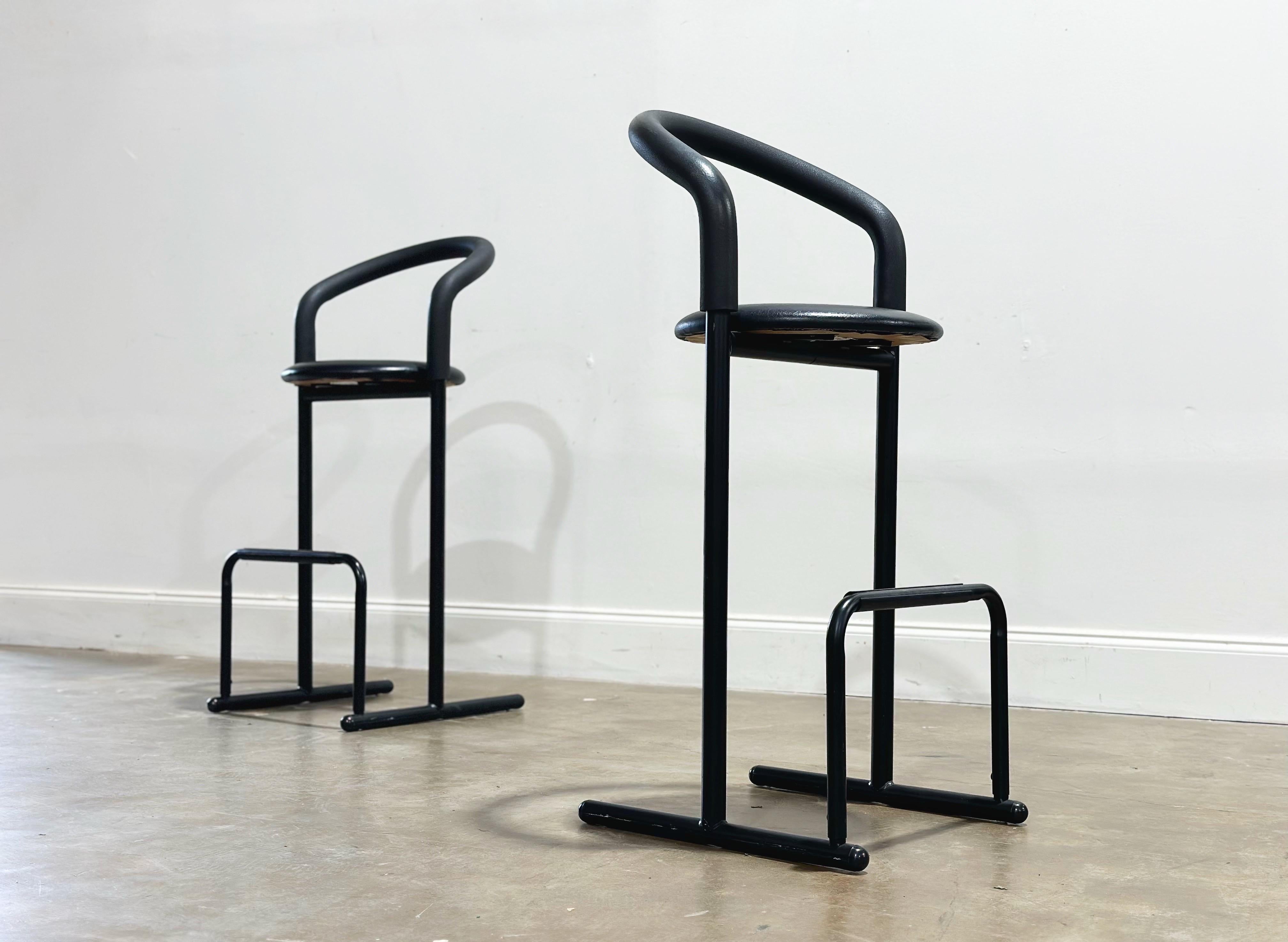 Pair Post Modern Barstools, Vintage 1980s Amisco Black Bar Stools, Bar Height For Sale 1