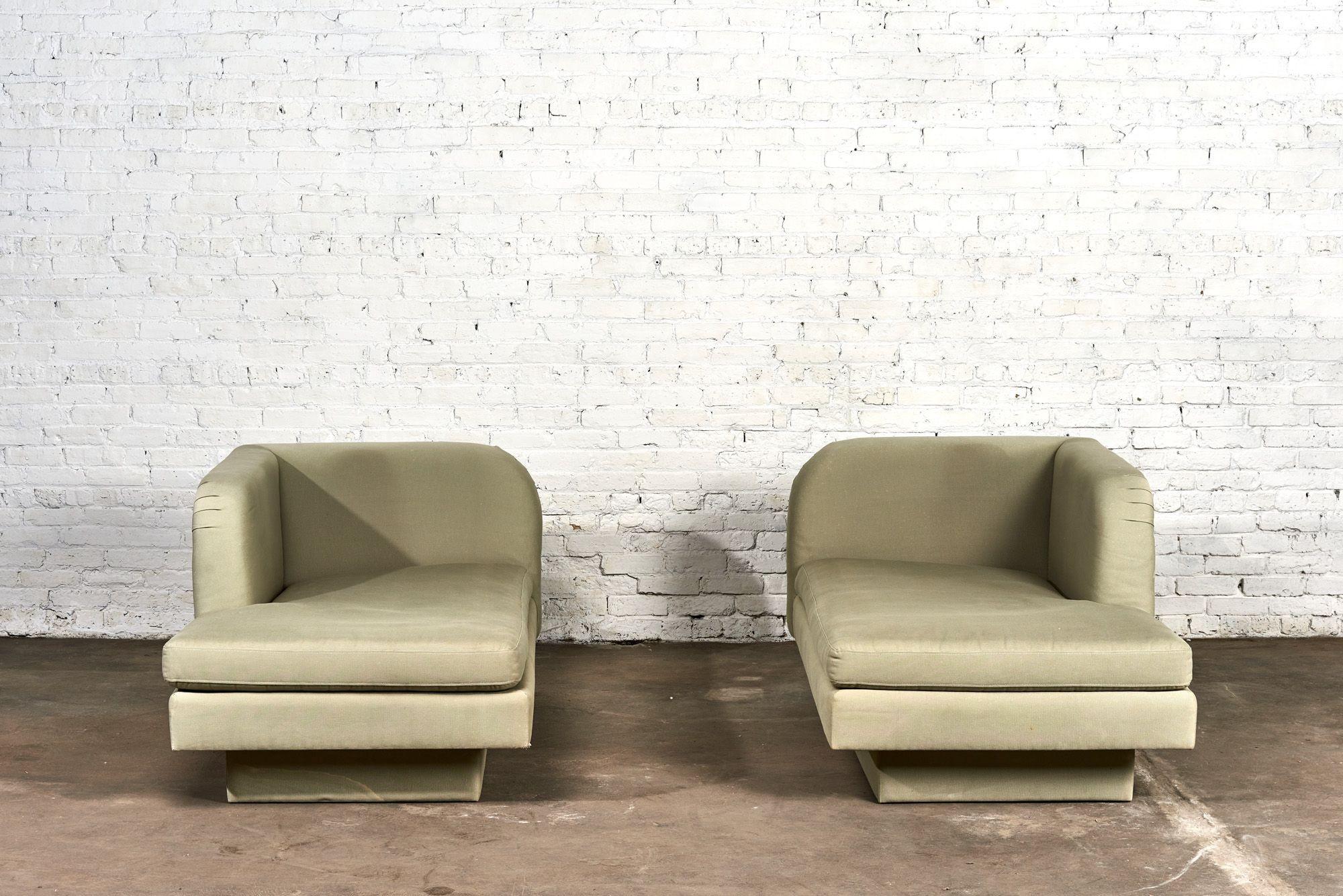 Pair left arm and right arm chaise lounges, 1980. Original upholstery, shows signs of use and minor wear and spots.