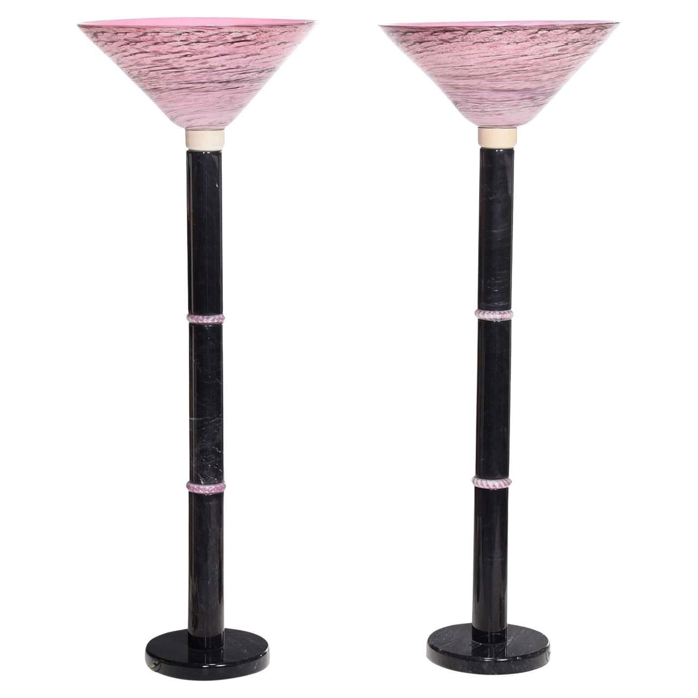 Pair Post Modern Design marble Floor Lamps with Pink Art Glass pink Shade
