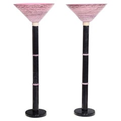 Pair Post Modern Design marble Floor Lamps with Pink Art Glass pink Shade