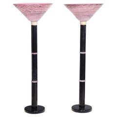 Pair Post Modern Design marble Floor Lamps with Pink Art Glass pink Shade