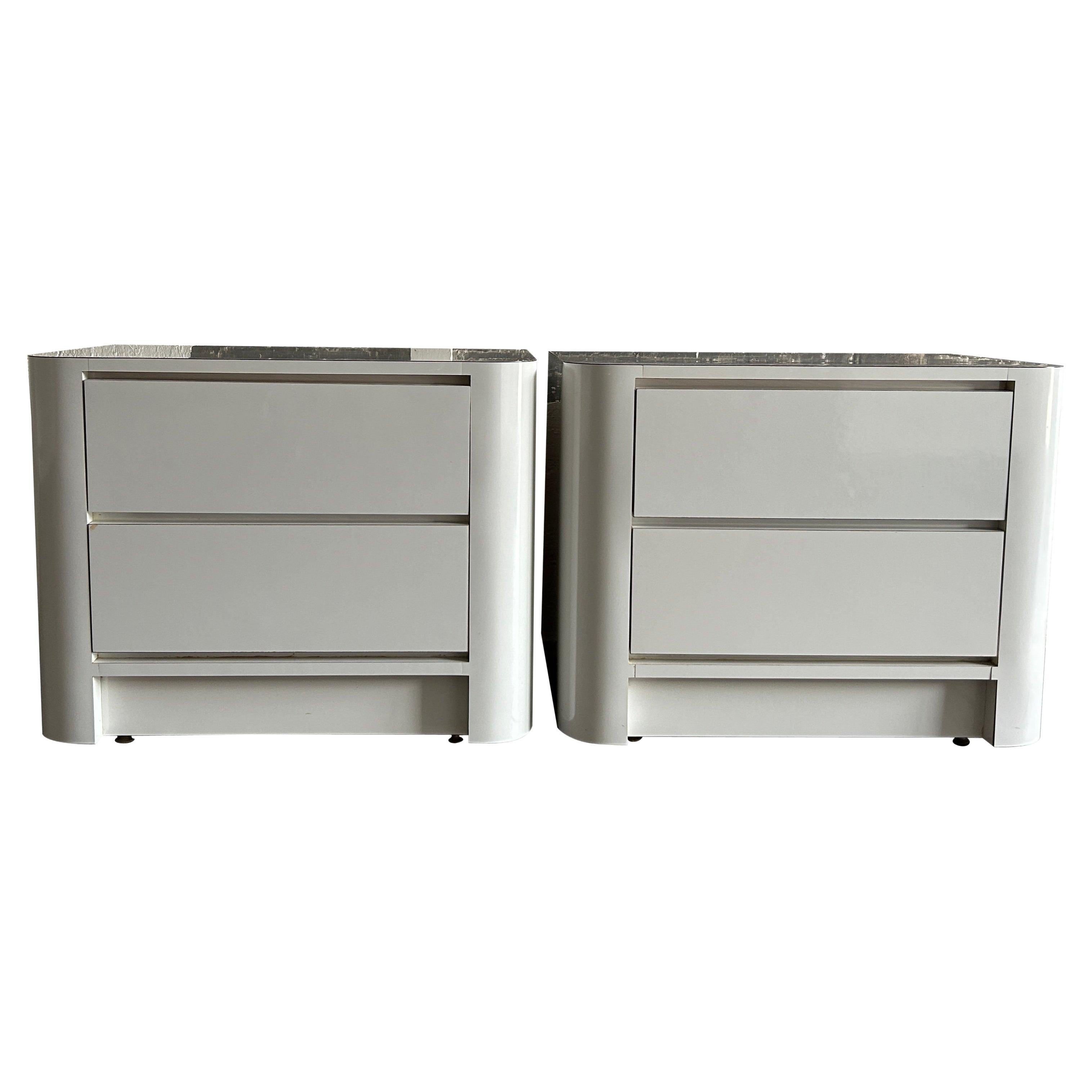 Pair Post Modern gloss white laminate 2 Drawer curved nightstands