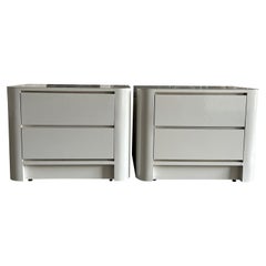 Pair Post Modern gloss white laminate 2 Drawer curved nightstands