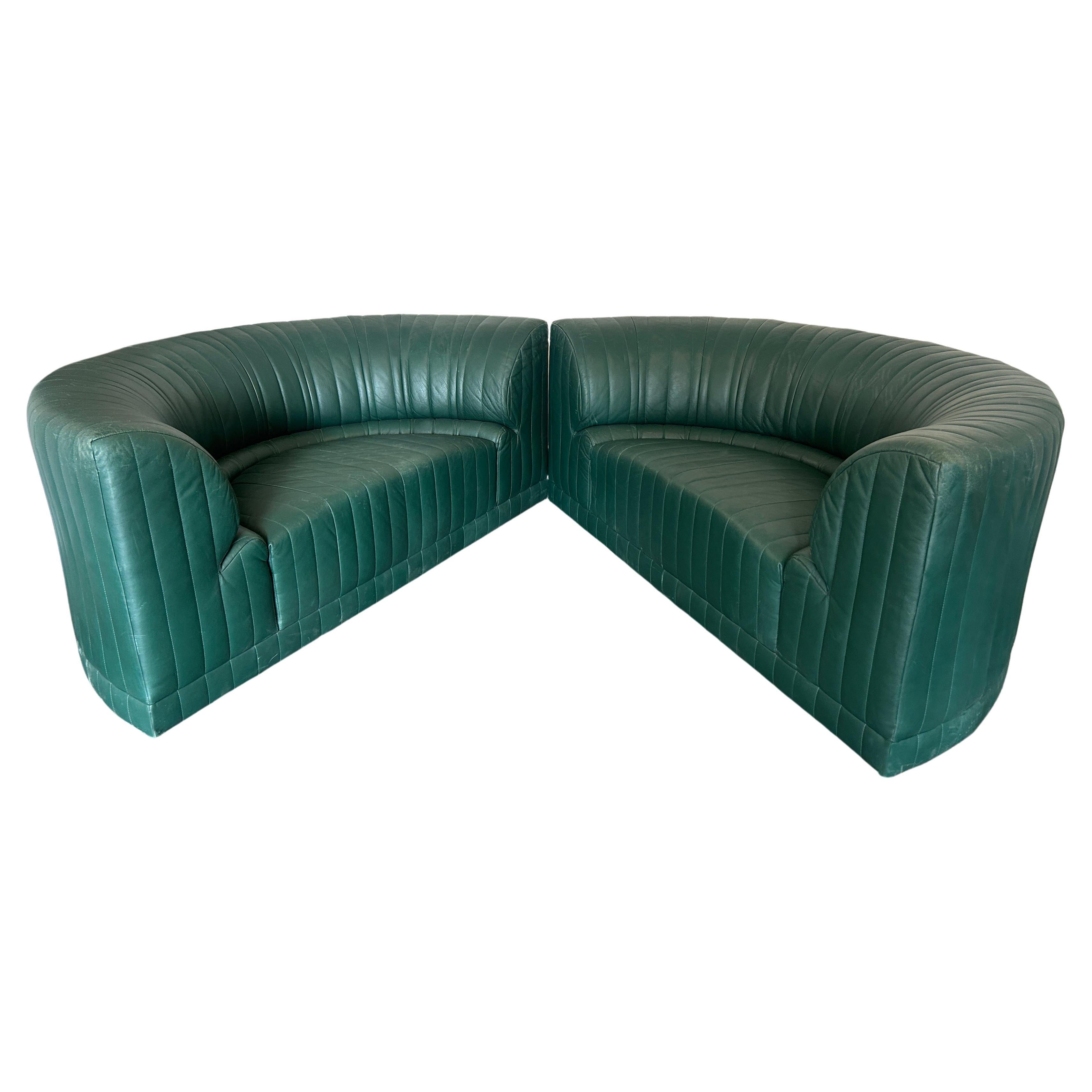 Pair of Post Modern Half Round Section of Roche Bobois Green Leather Sectional Sofas 1983. Like 2 Loveseats as far as scale. Soft Green leather Can be used as a sofa or side chair or a full circle fun sofa and hop in the middle to relax. Great Post
