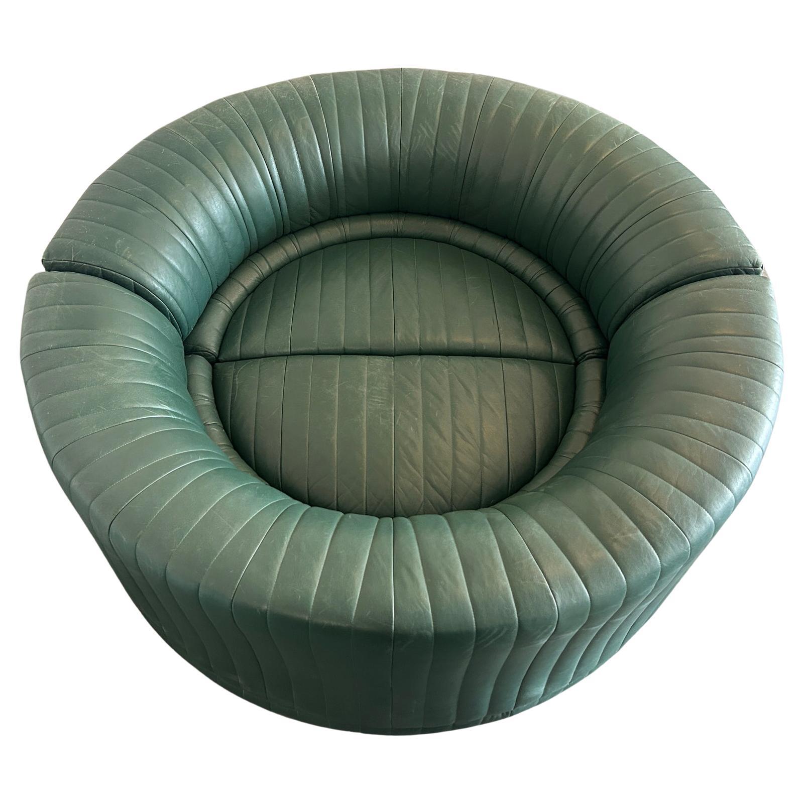 Italian Pair Post Modern Half Round Section of Roche Bobois Green Leather Sofas 1983 For Sale