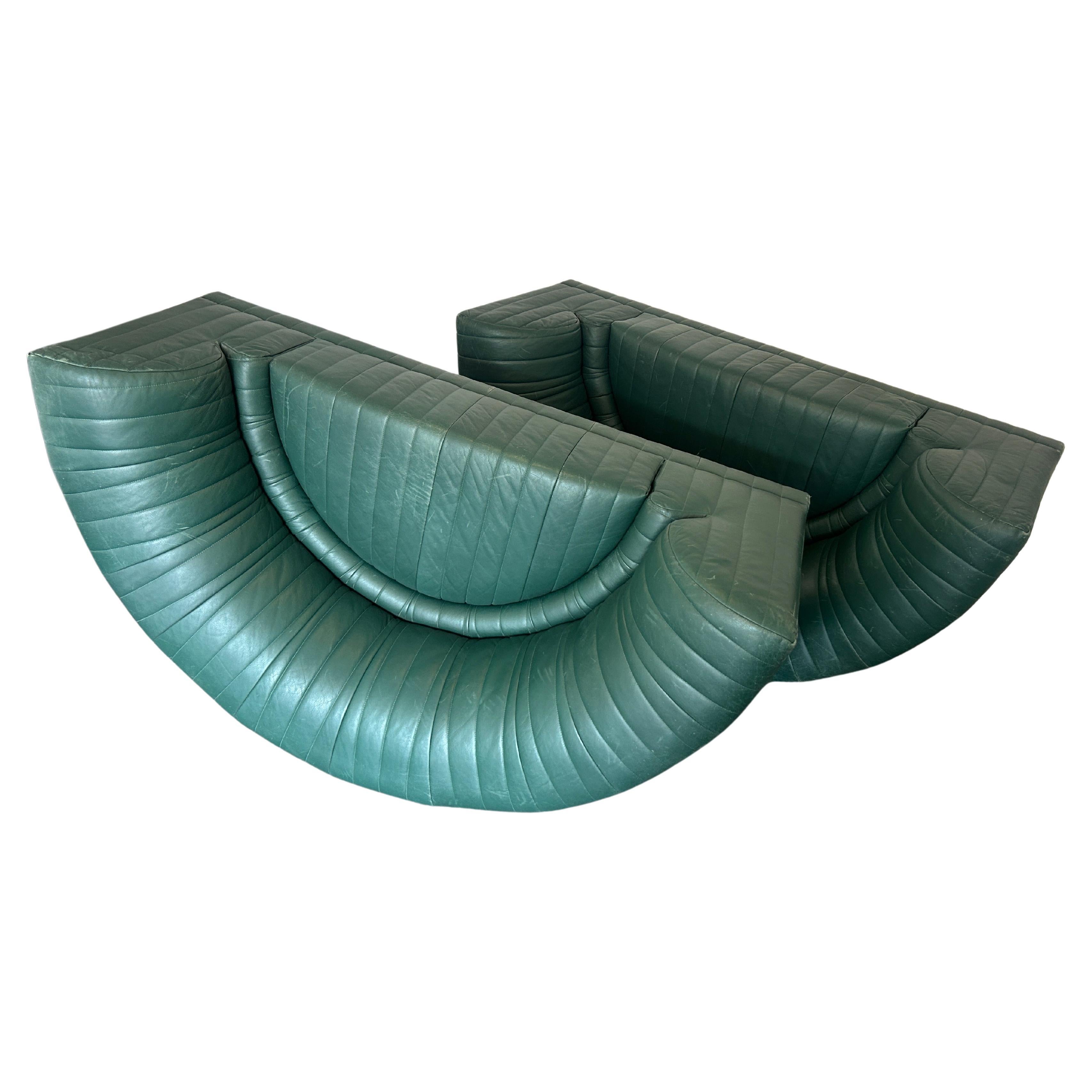 Woodwork Pair Post Modern Half Round Section of Roche Bobois Green Leather Sofas 1983 For Sale