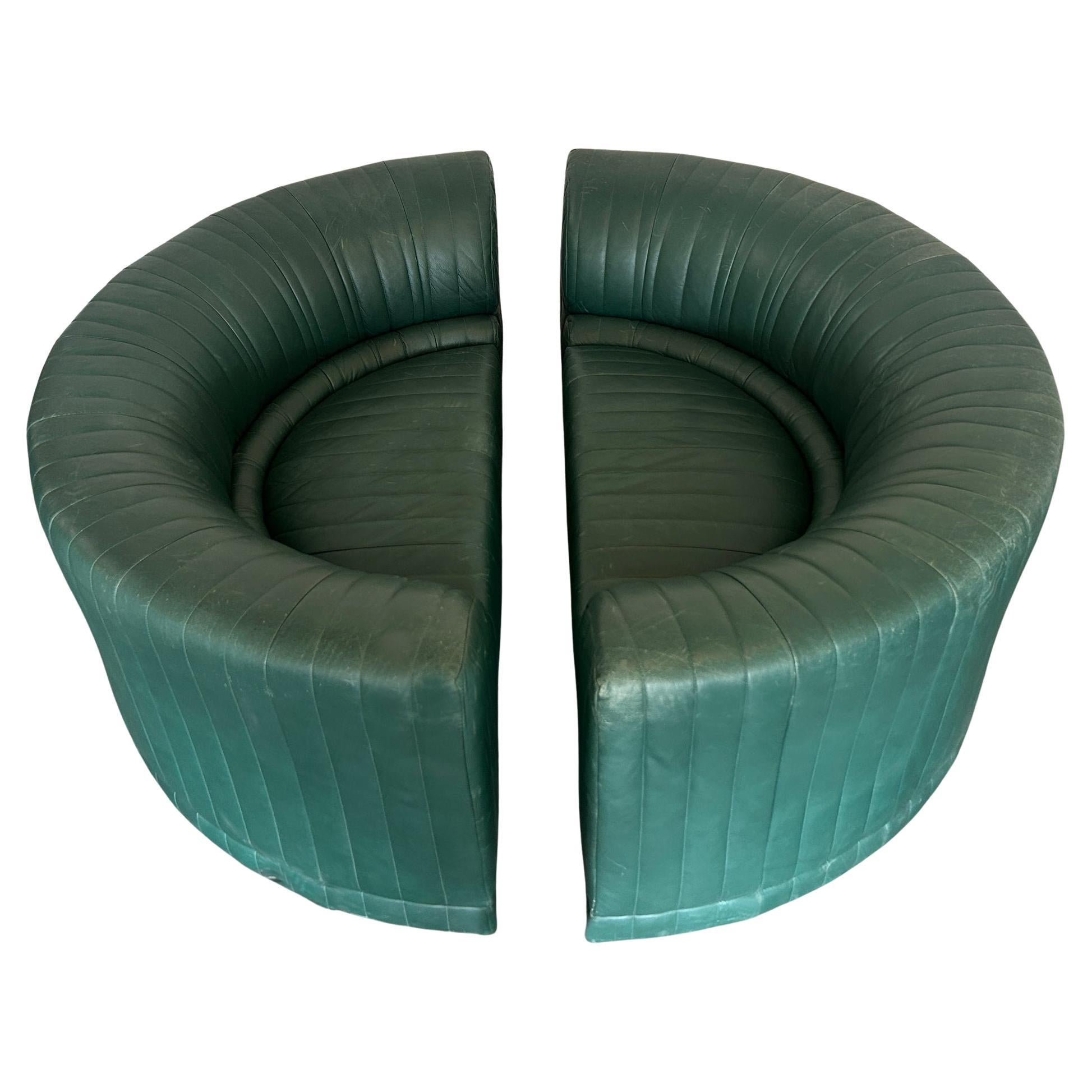 Pair Post Modern Half Round Section of Roche Bobois Green Leather Sofas 1983