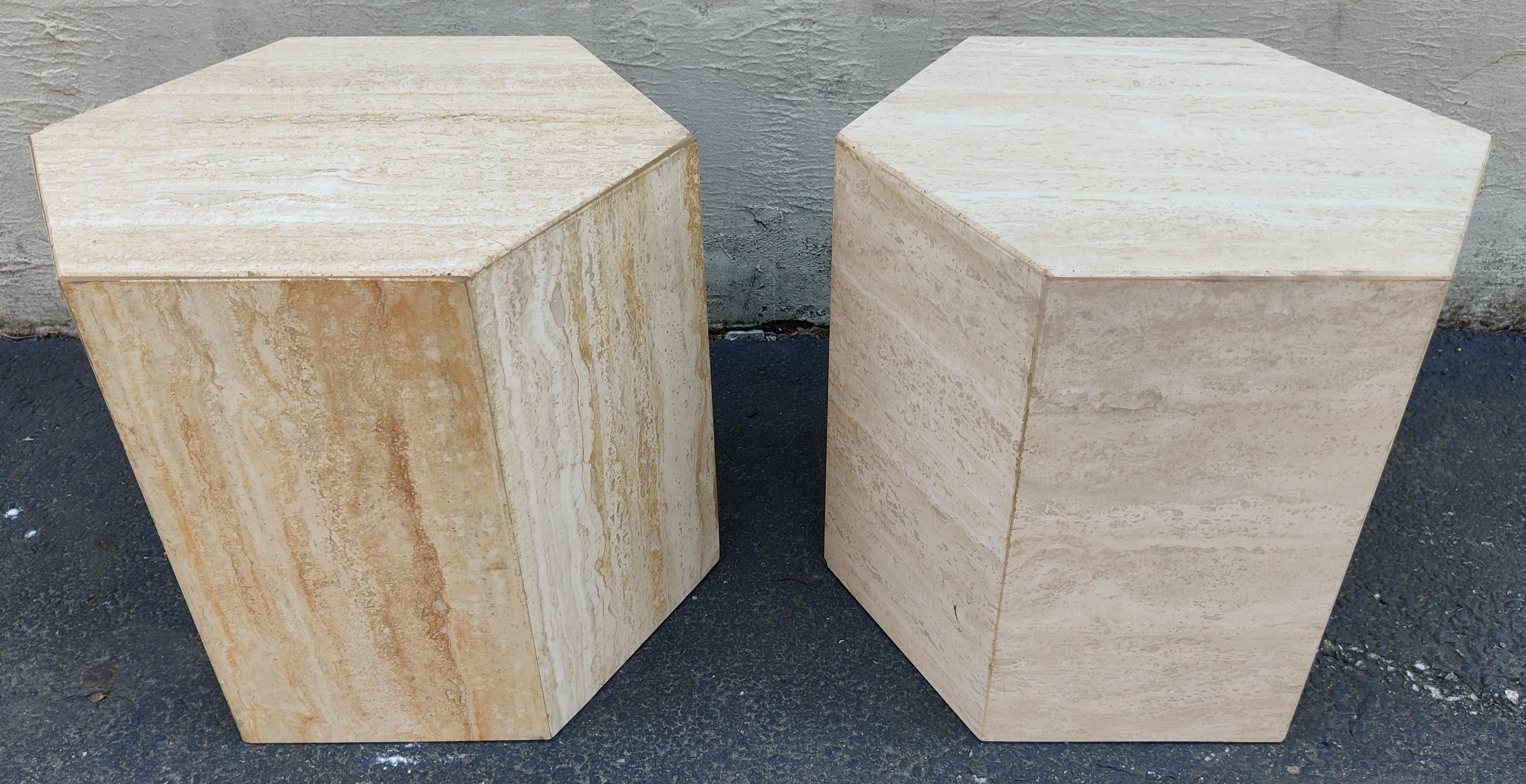 Pair Post-Modern Italian Travertine Marble Hexagonal Side Tables, 1970s In Good Condition For Sale In Philadelphia, PA