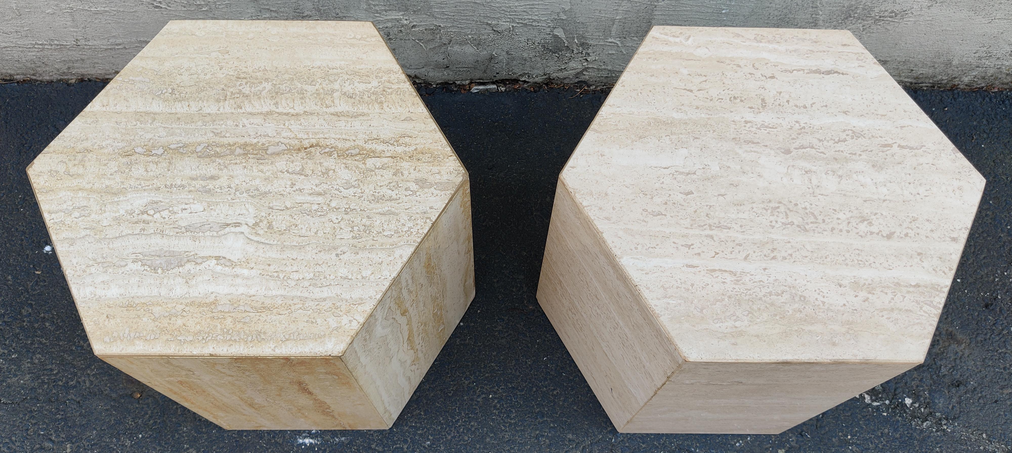 Pair Post-Modern Italian Travertine Marble Hexagonal Side Tables, 1970s For Sale 1