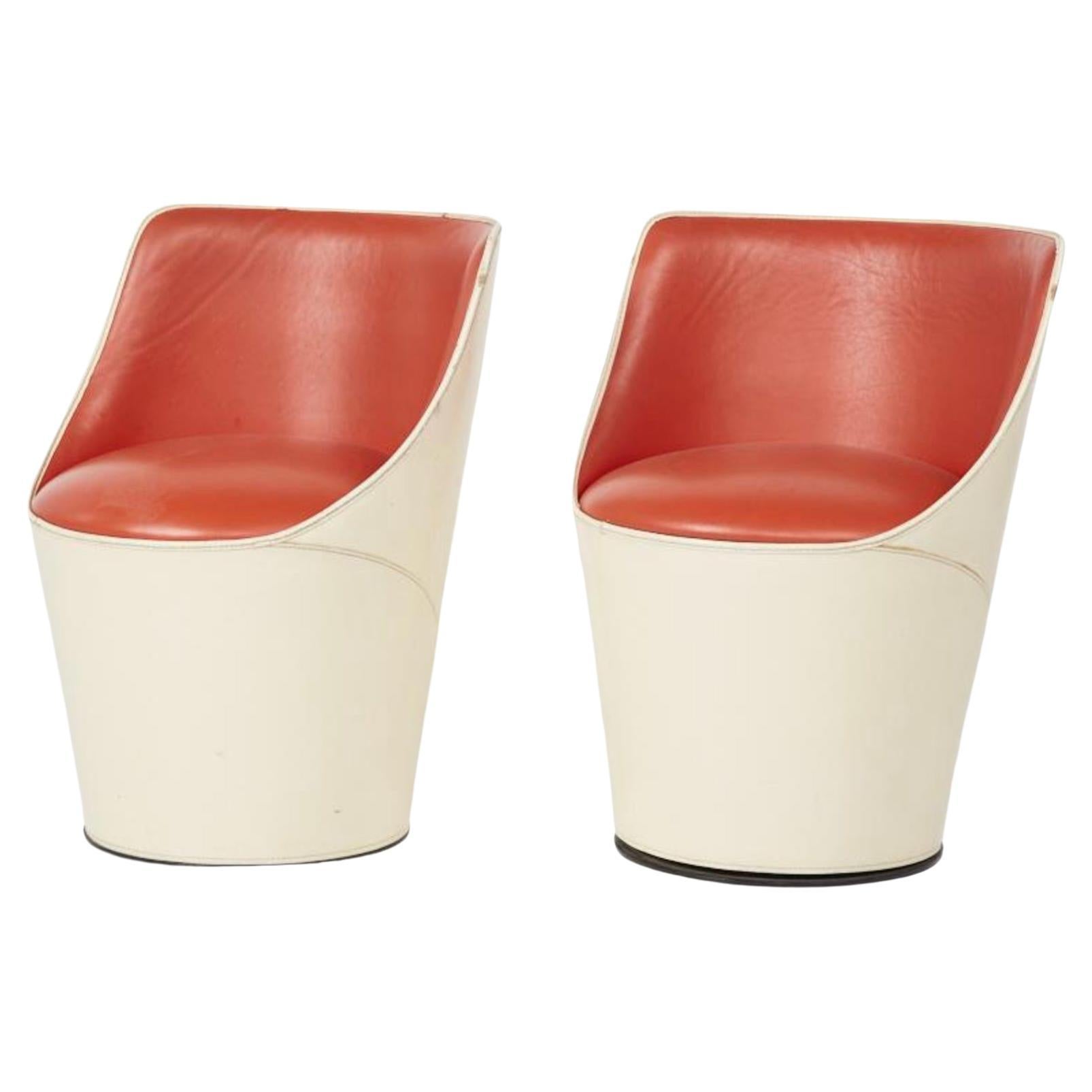 Orange Pair of Post Modern Leather Italian Occasional Swivel Chairs For Sale
