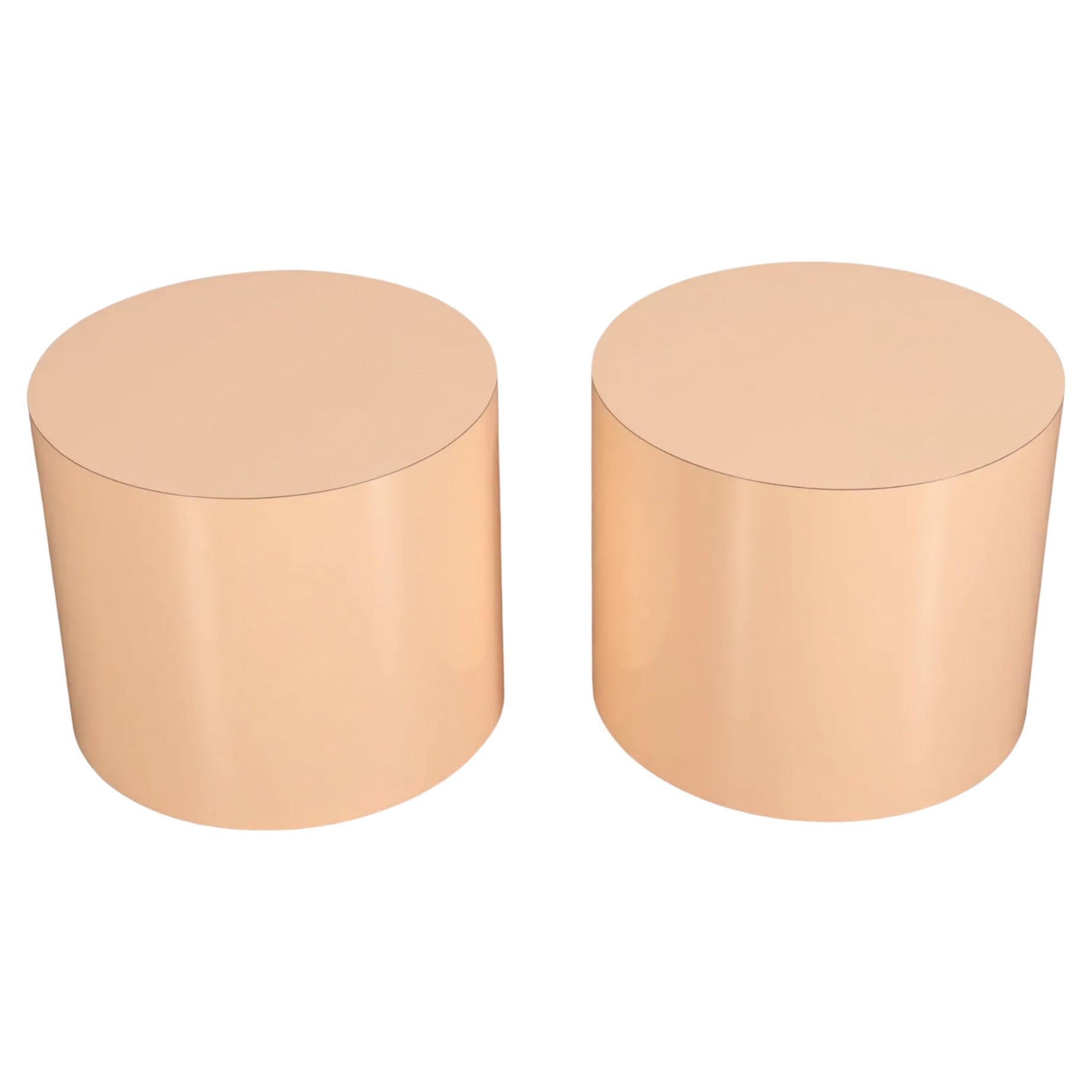 Pair Post modern Pink gloss laminate cylinder round Drum end tables  For Sale