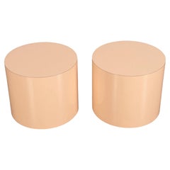 Pair Post modern Pink gloss laminate cylinder round Drum end tables 