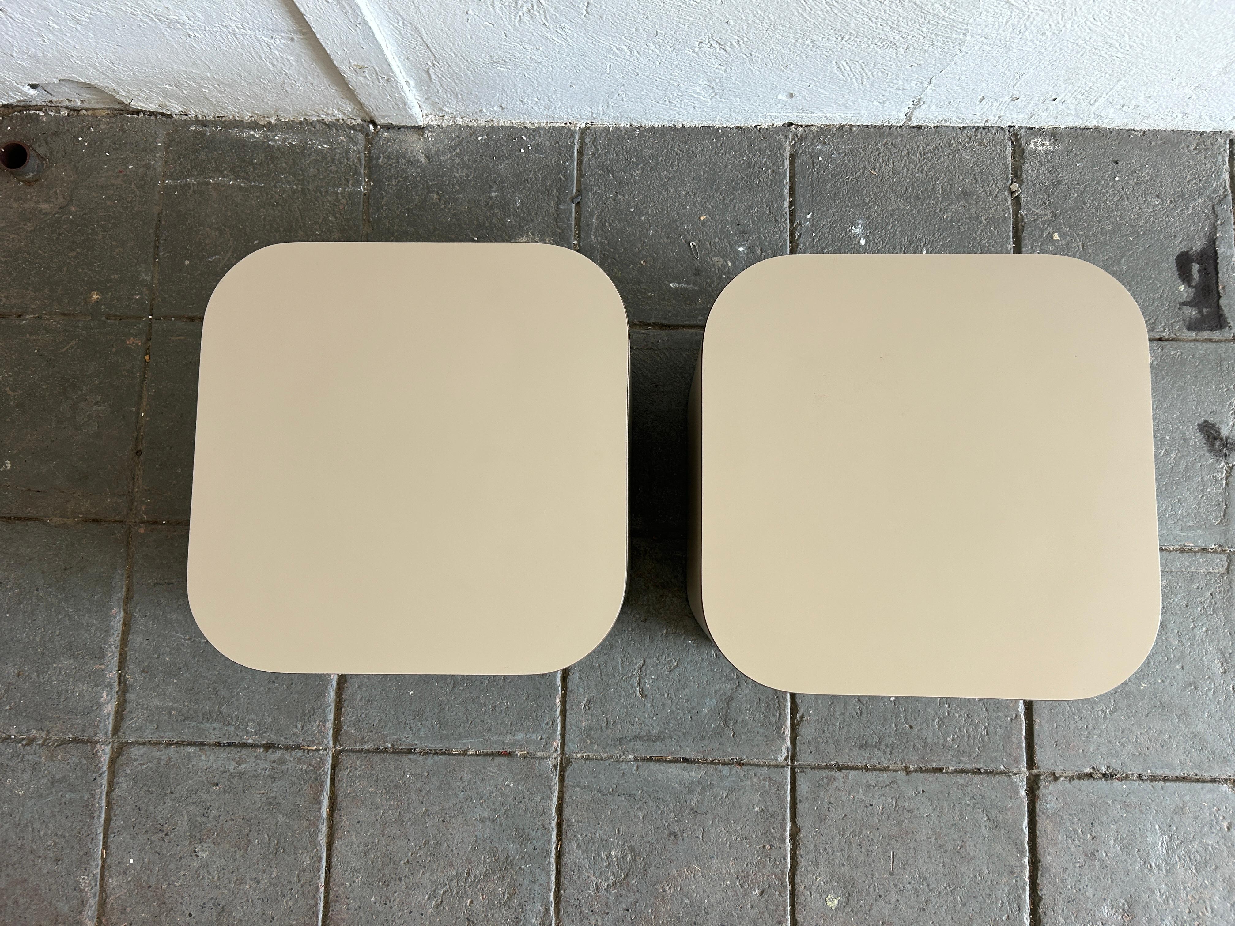American Pair Post modern taupe tan matte laminate rounded corners square end tables  For Sale