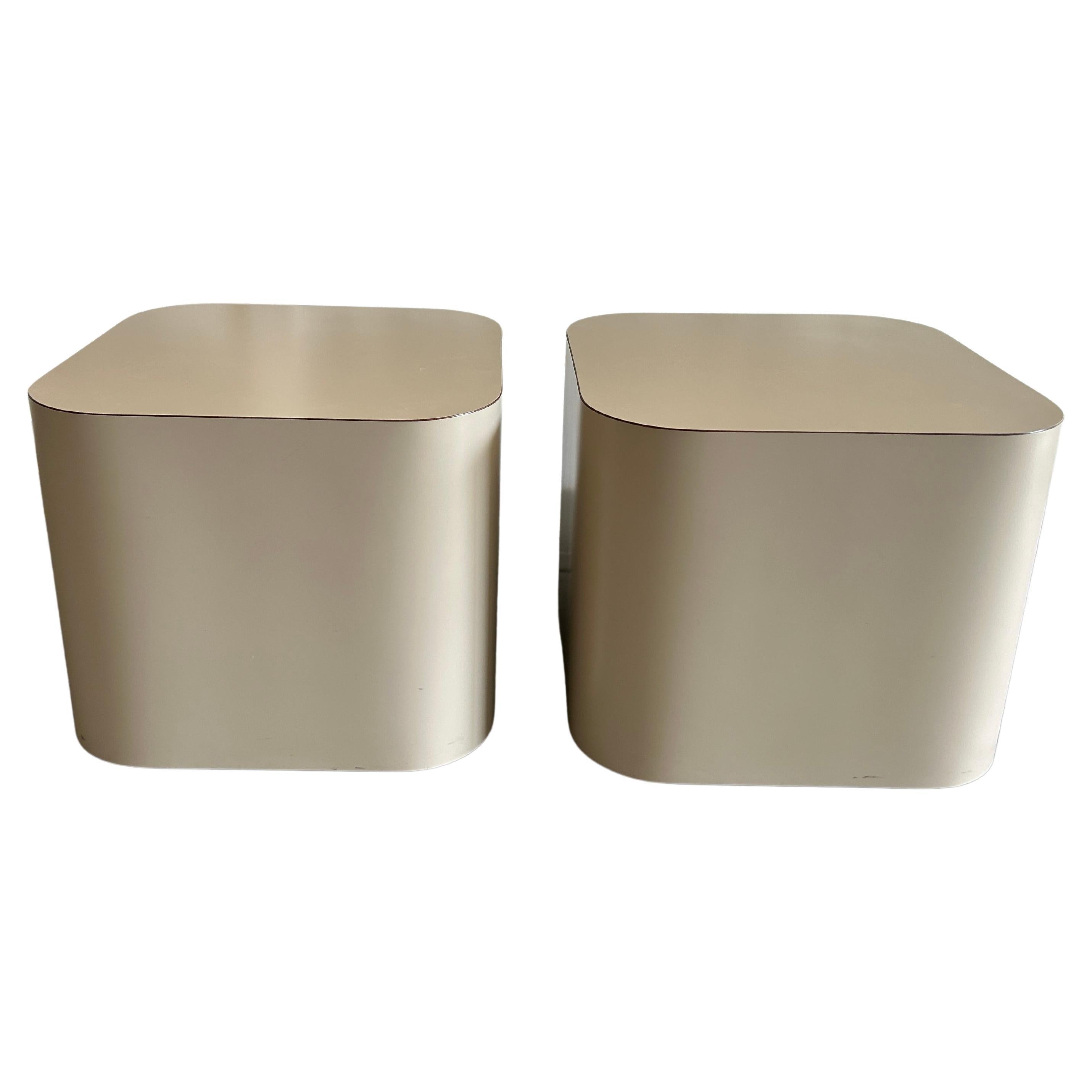 Pair Post modern taupe tan matte laminate rounded corners square end tables 