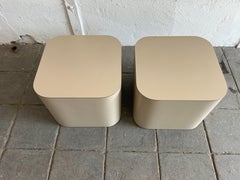 Pair Post modern taupe tan matte laminate rounded corners square end tables