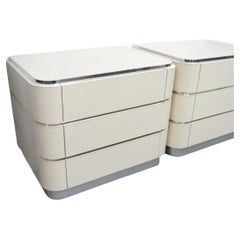 Pair Post Modern taupe white laminate 3 Drawer chrome nightstands