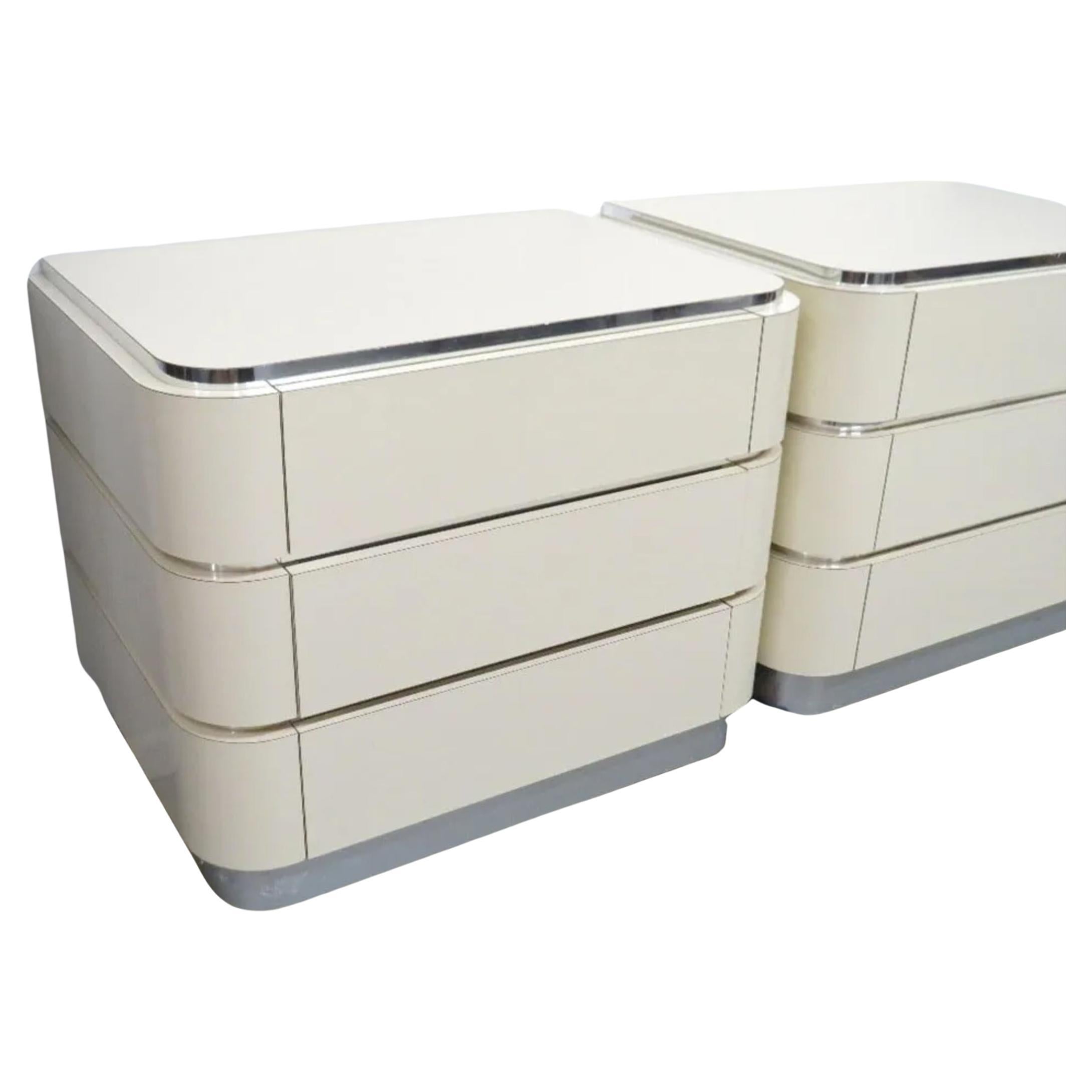 Pair of Mid Century taupe white laminate and chrome Nightstands 3 Drawers. Beautiful condition inside and out. Circa 1970 - 3 Drawer Nightstands all drawers have metal glides all smooth. Shows very little use. Post Modern. Located In Brooklyn