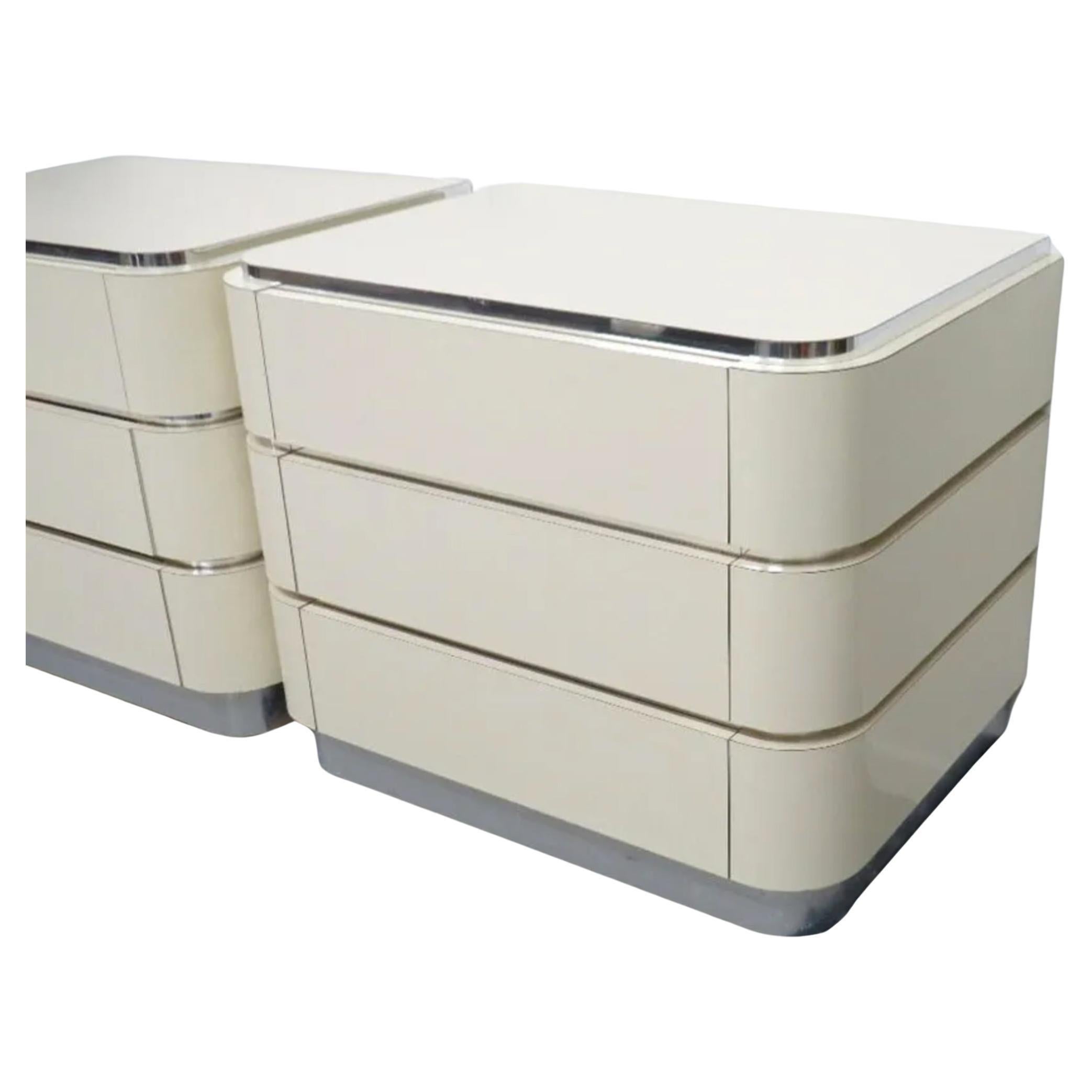 Post-Modern Pair Post Modern taupe white laminate 3 Drawer chrome nightstands For Sale