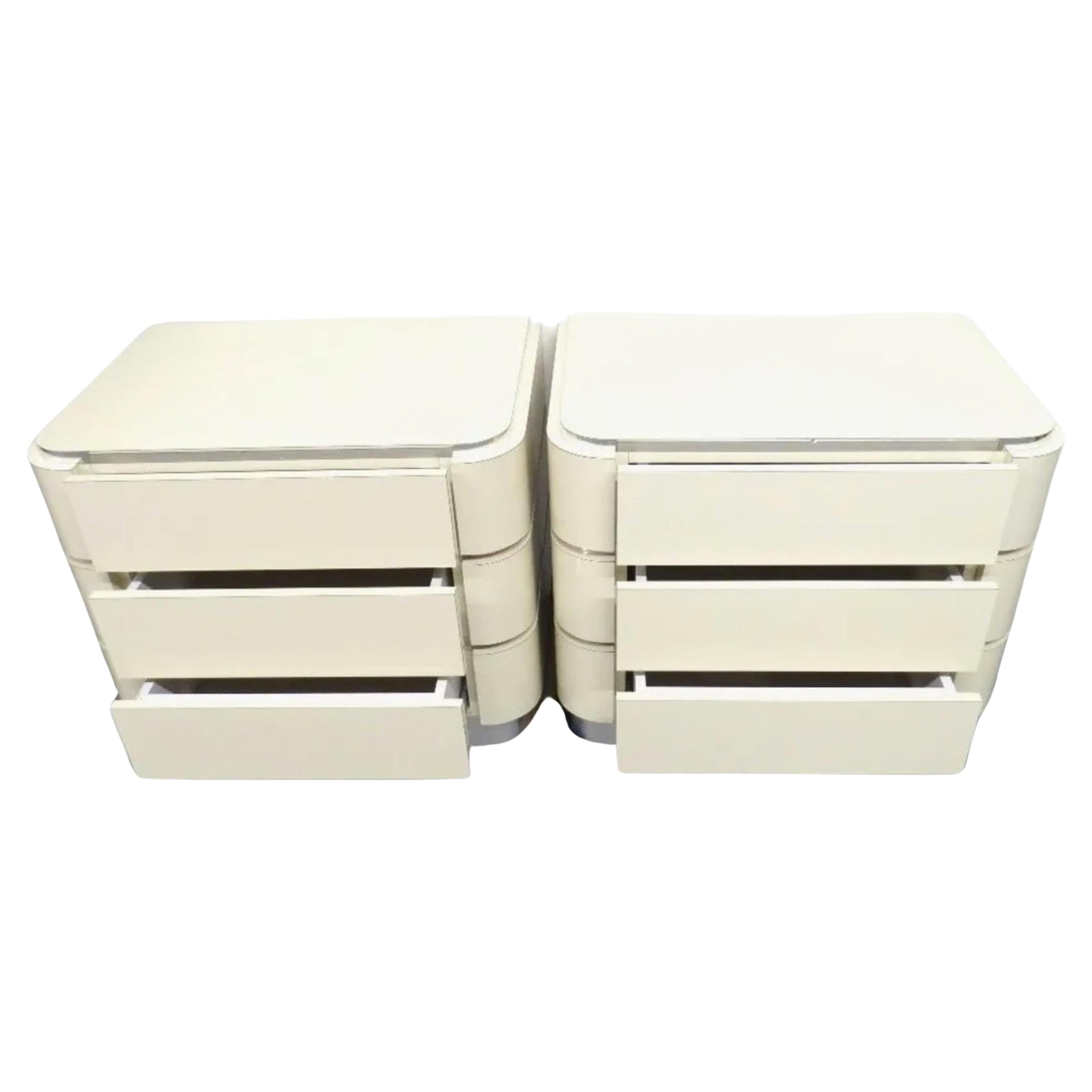 American Pair Post Modern taupe white laminate 3 Drawer chrome nightstands  For Sale