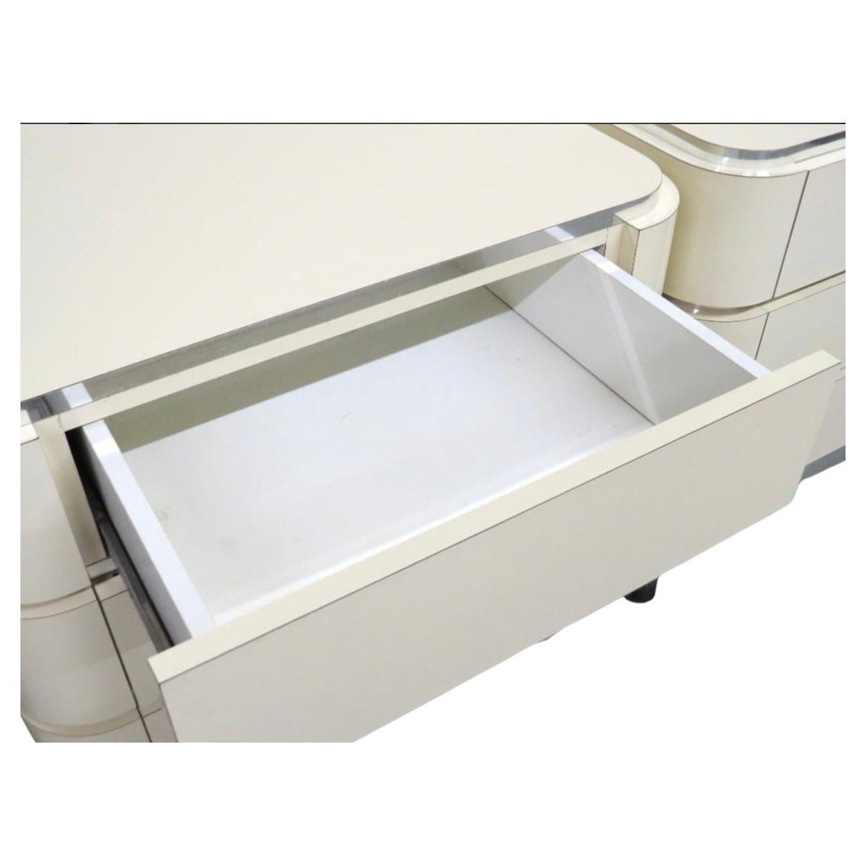 Woodwork Pair Post Modern taupe white laminate 3 Drawer chrome nightstands