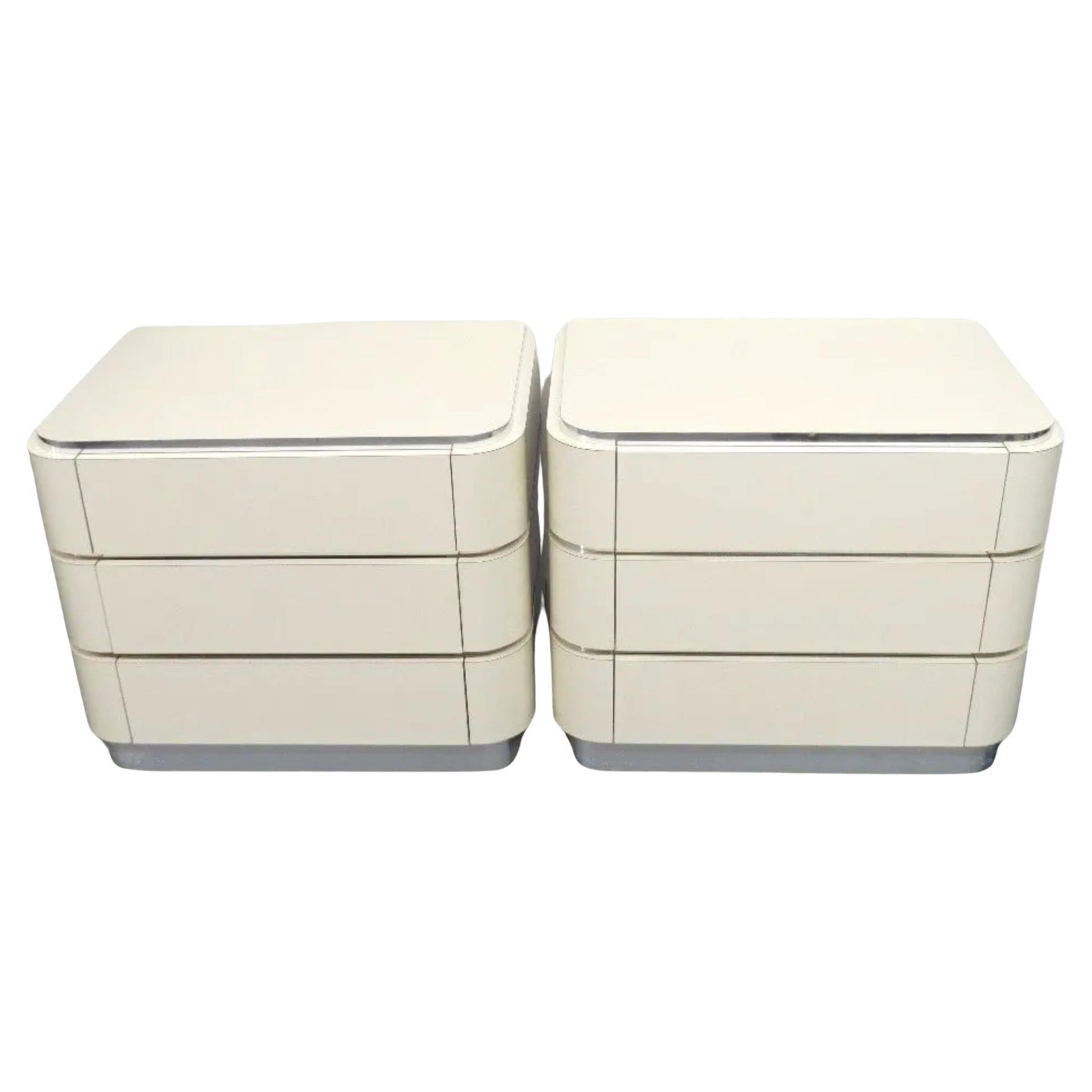 Pair Post Modern taupe white laminate 3 Drawer chrome nightstands