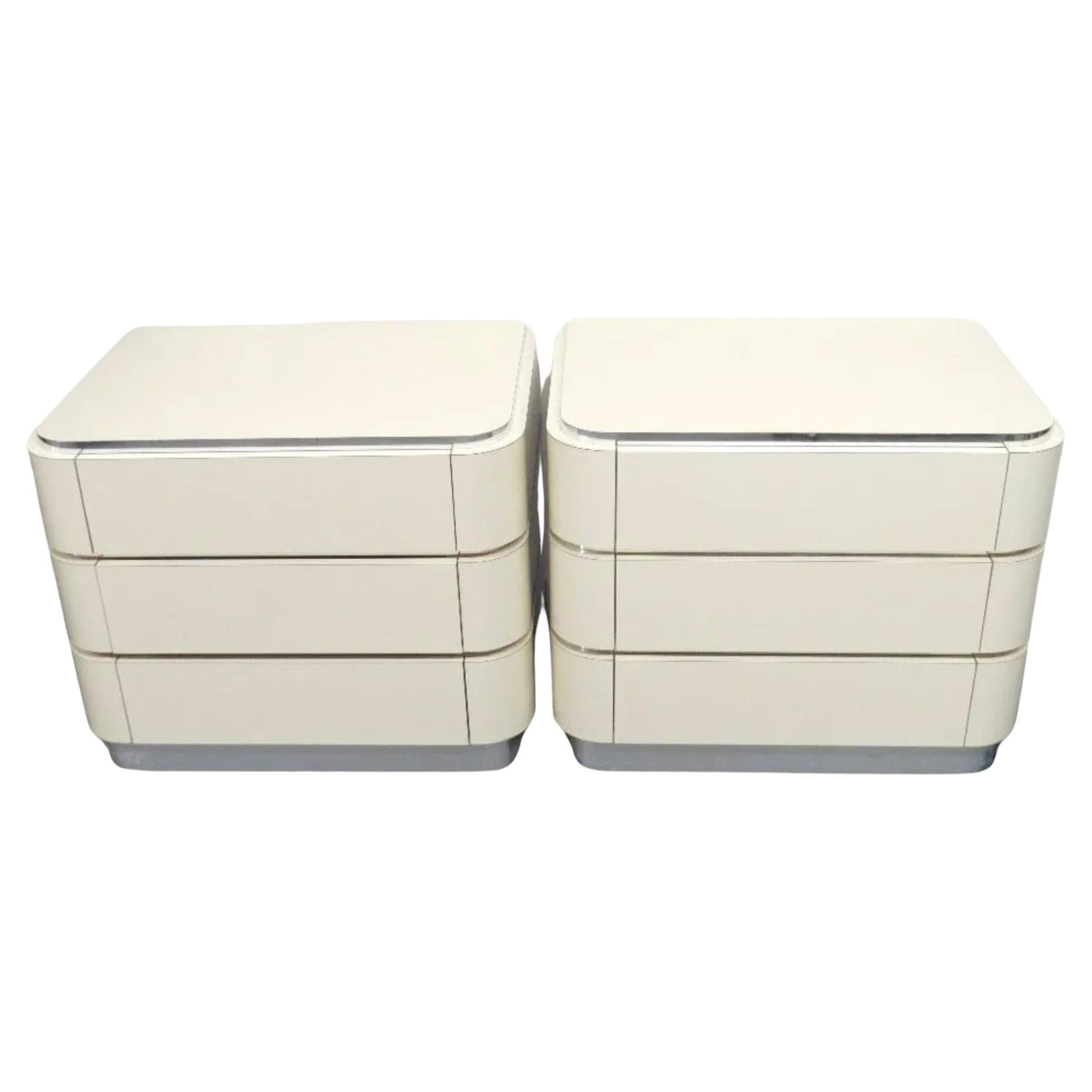 Pair Post Modern taupe white laminate 3 Drawer chrome nightstands 
