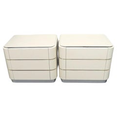 Used Pair Post Modern taupe white laminate 3 Drawer chrome nightstands 