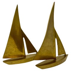 Pair Postmodern Brass Sailboat Bookends or Sculptures, Nautical Desktop