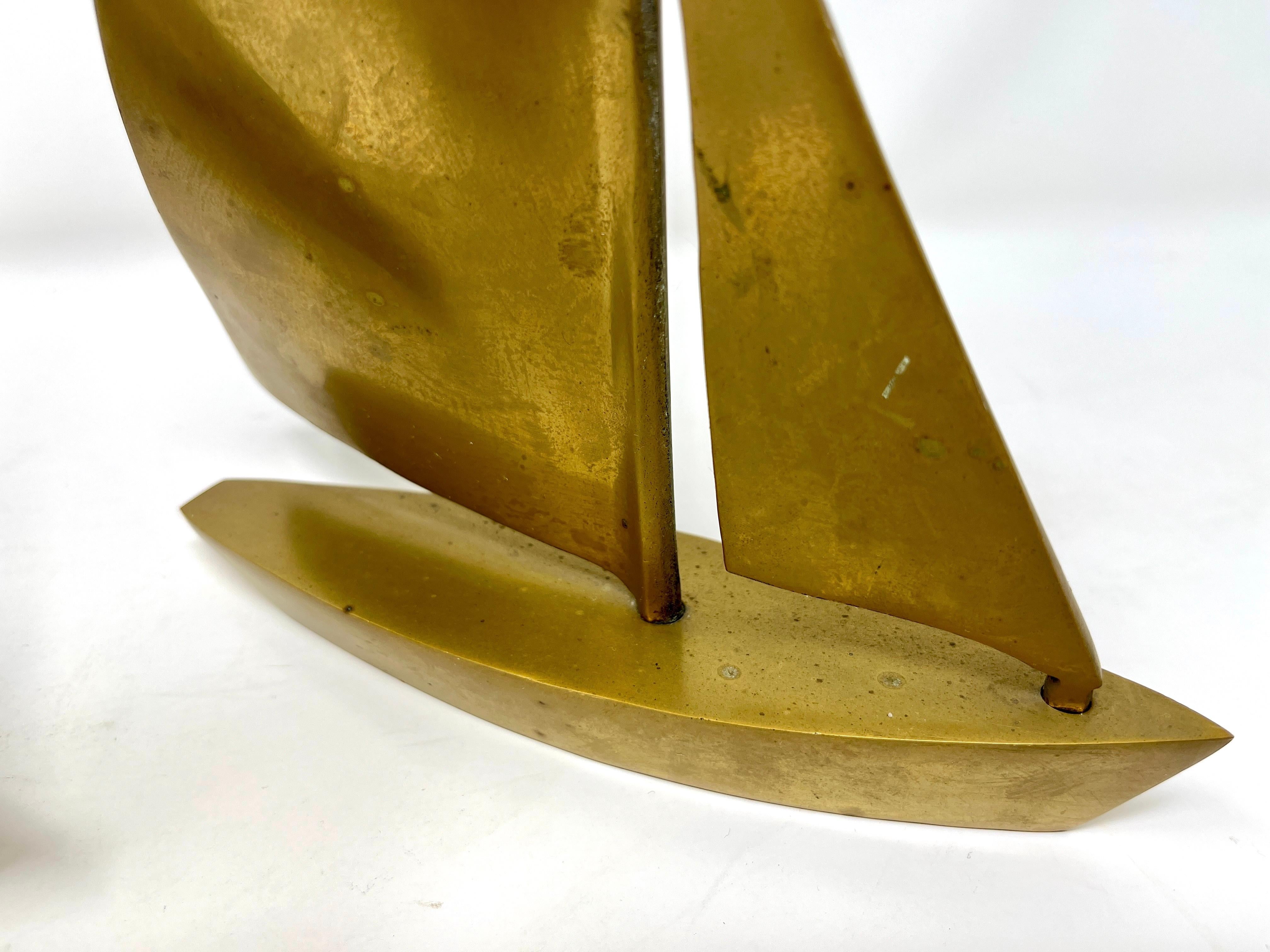 Late 20th Century Pair Postmodern Brass Sailboat Bookends or Sculptures, Nautical Desktop For Sale