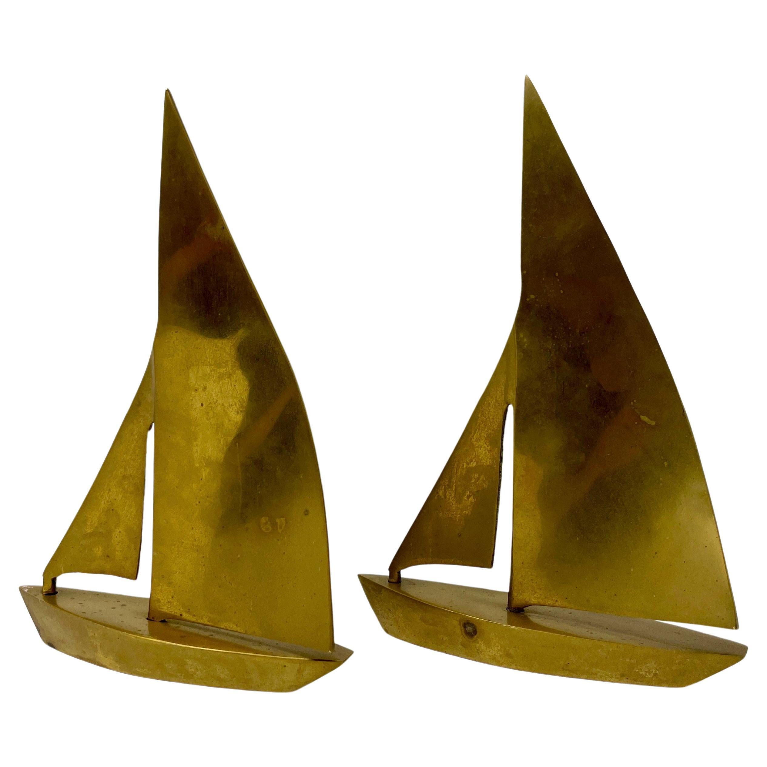 Pair Postmodern Brass Sailboat Bookends or Sculptures, Nautical Desktop For Sale